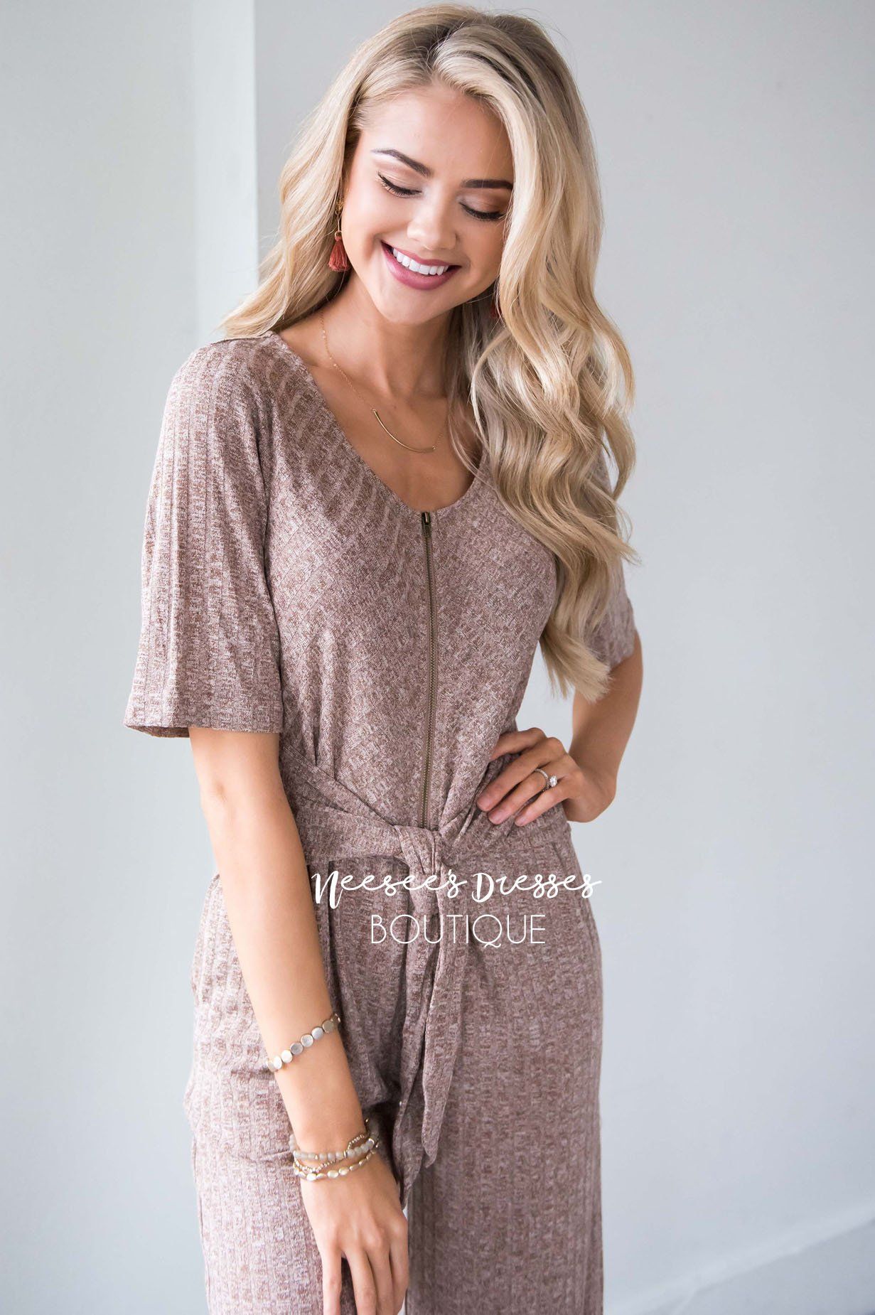 Mocha Zipper & Tie Front Jumpsuit Modest Dresses vendor-unknown