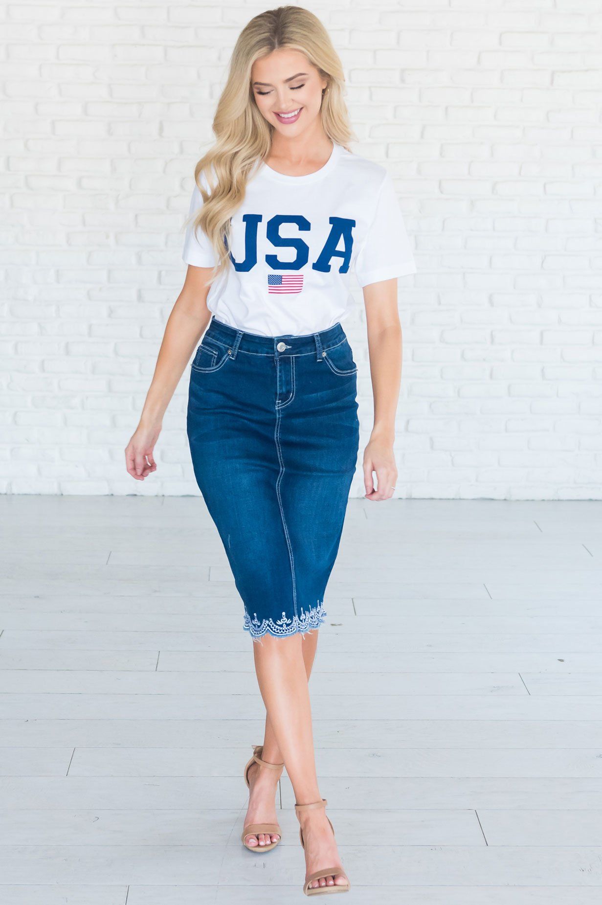 Indigo Wash Scallop Denim Skirt Modest Dresses vendor-unknown