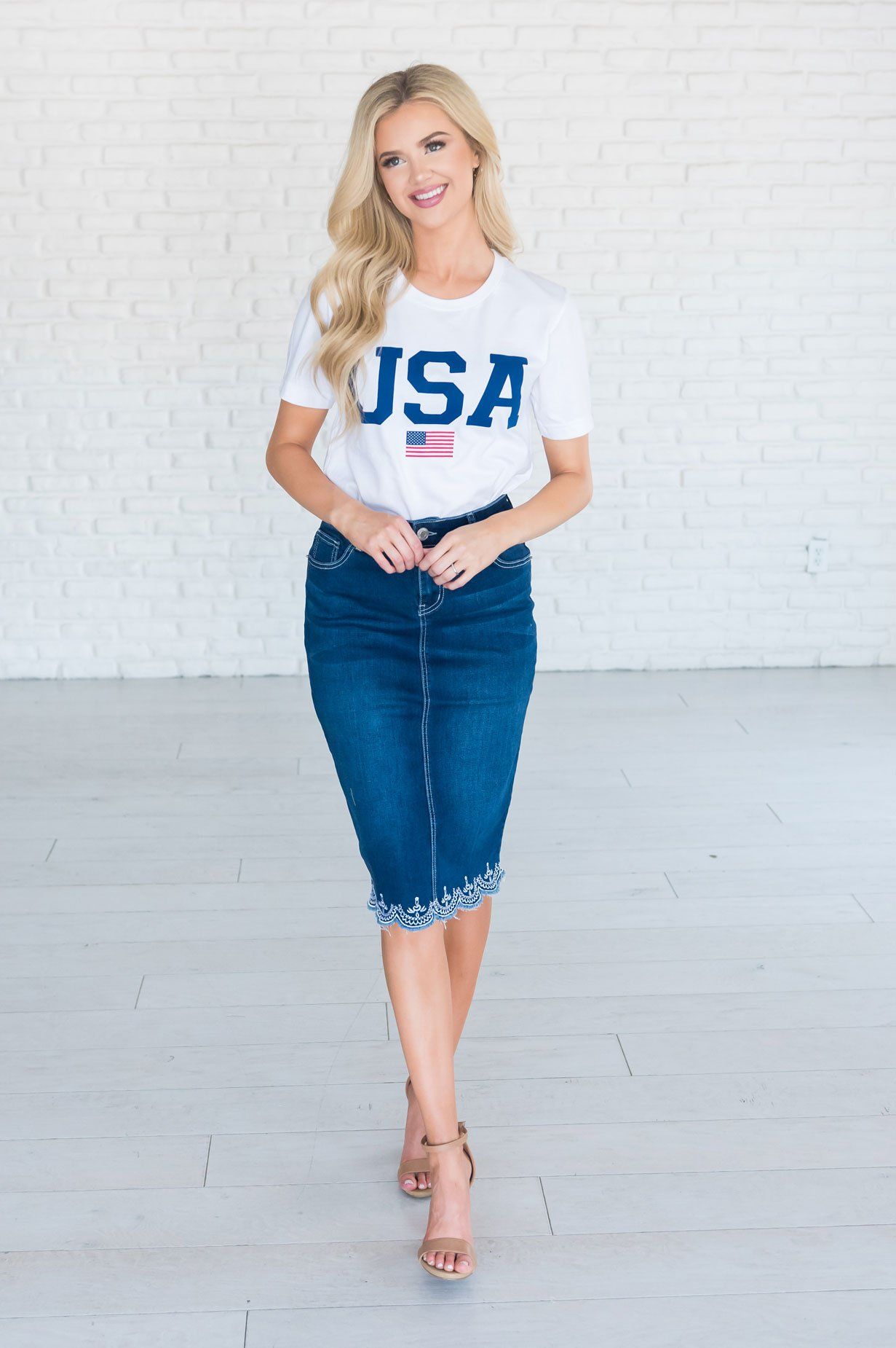 Indigo Wash Scallop Denim Skirt Modest Dresses vendor-unknown