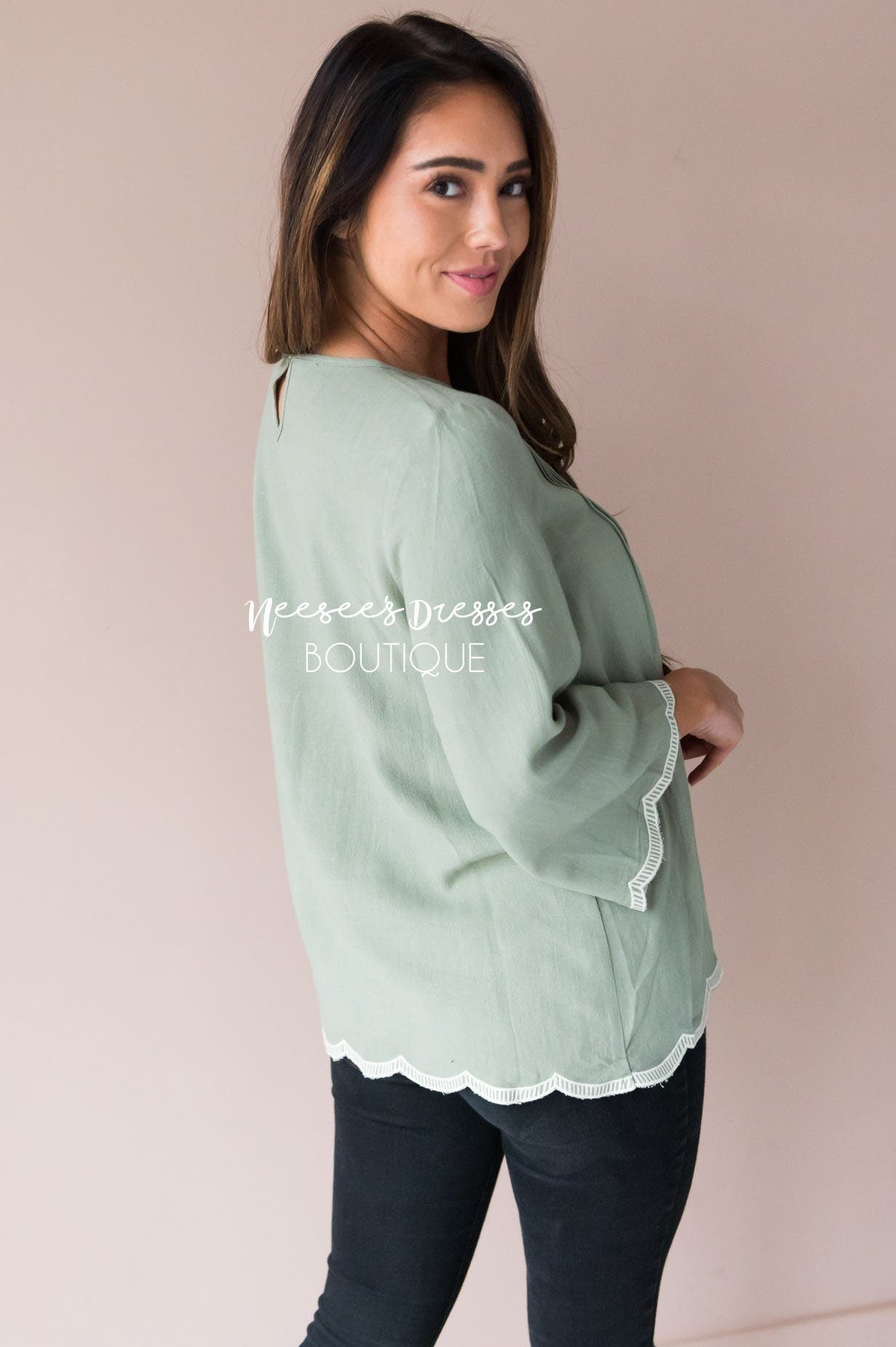 Always There Scalloped Trim Blouse Tops vendor-unknown