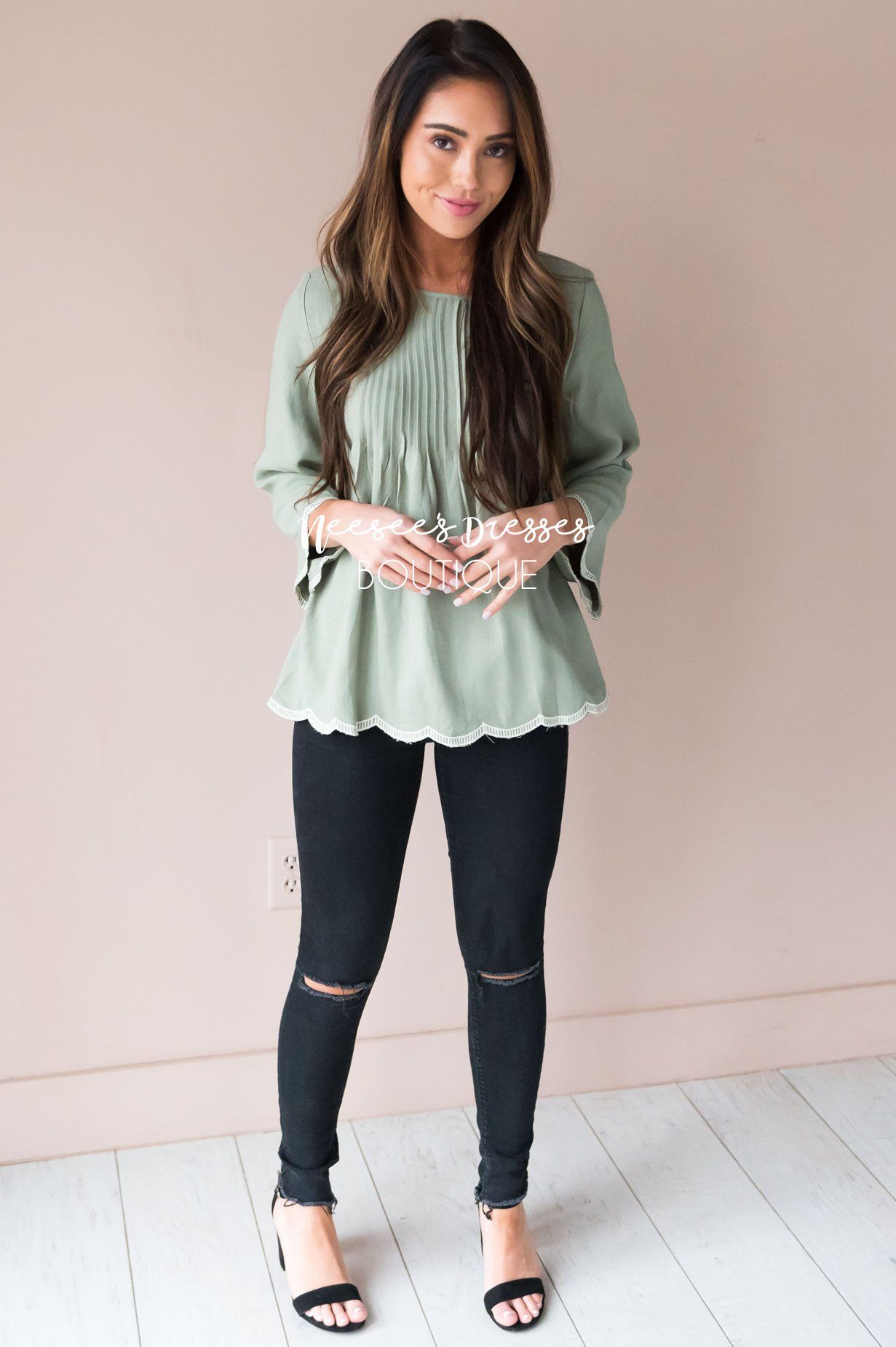 Always There Scalloped Trim Blouse Tops vendor-unknown