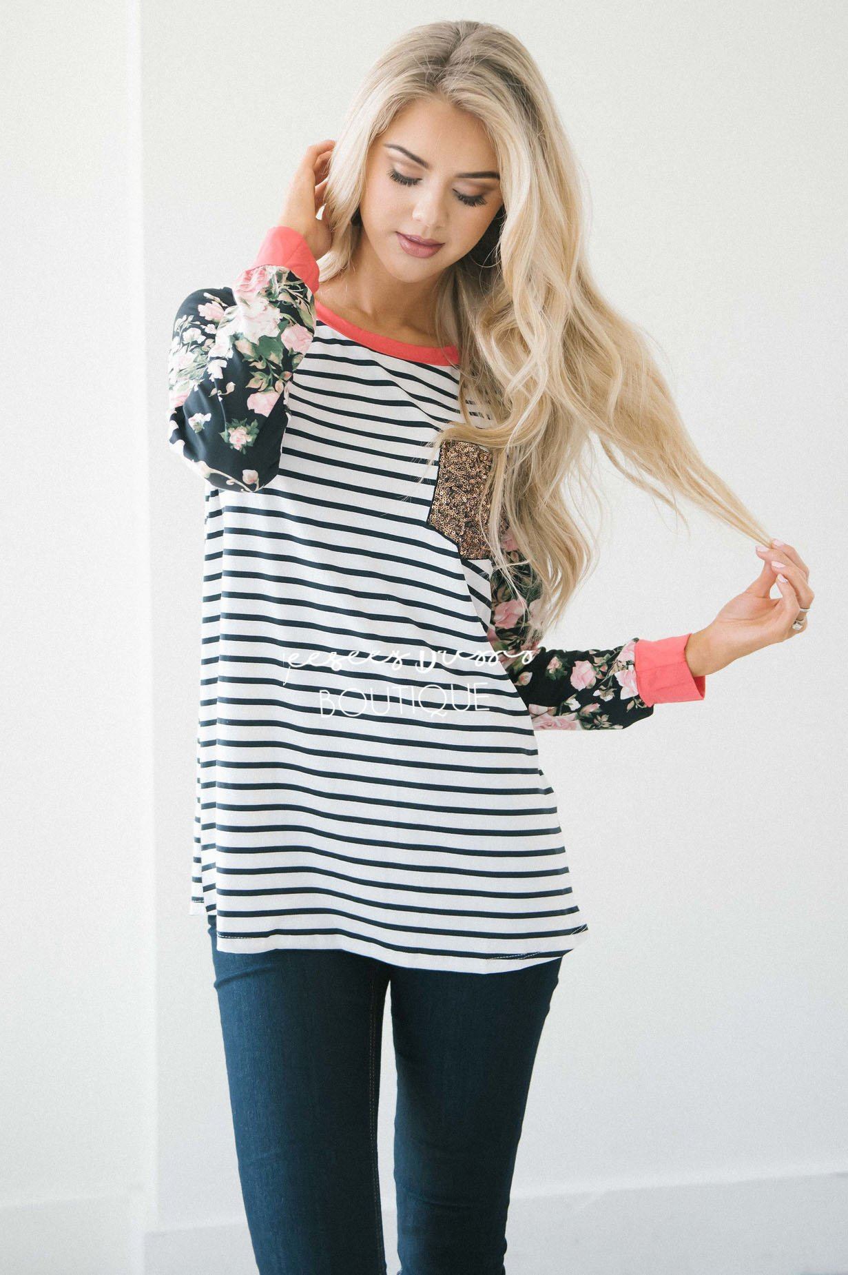 Sequin Pocket Striped Floral Sleeve Top Tops vendor-unknown