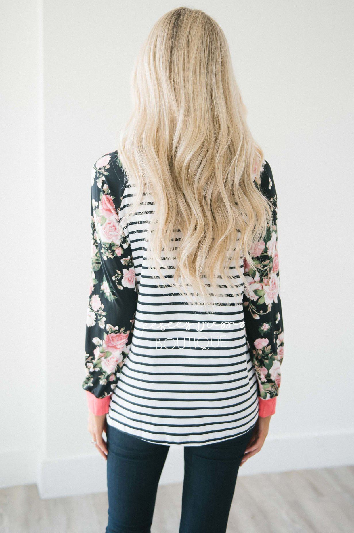 Sequin Pocket Striped Floral Sleeve Top Tops vendor-unknown