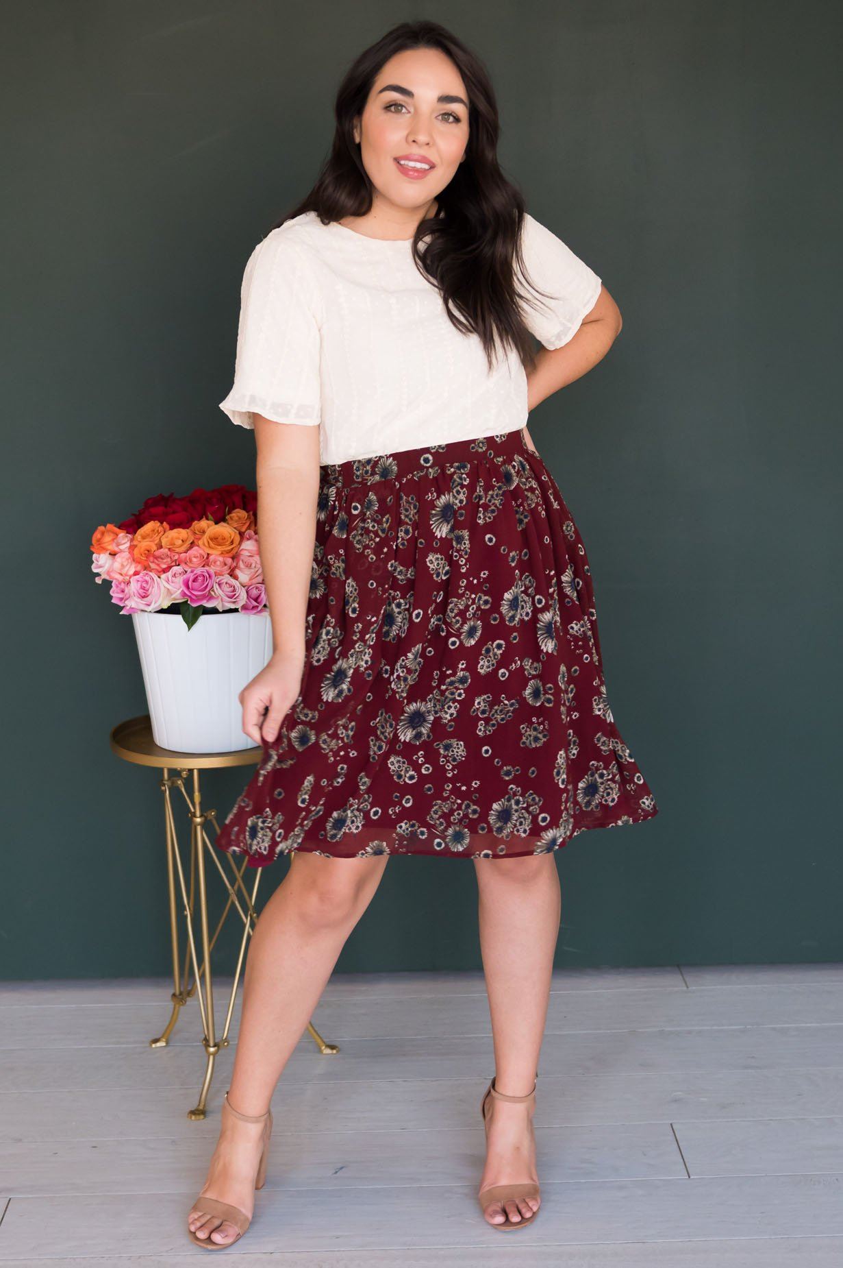 Burgundy Cluster Floral Chiffon Skirt Skirts vendor-unknown
