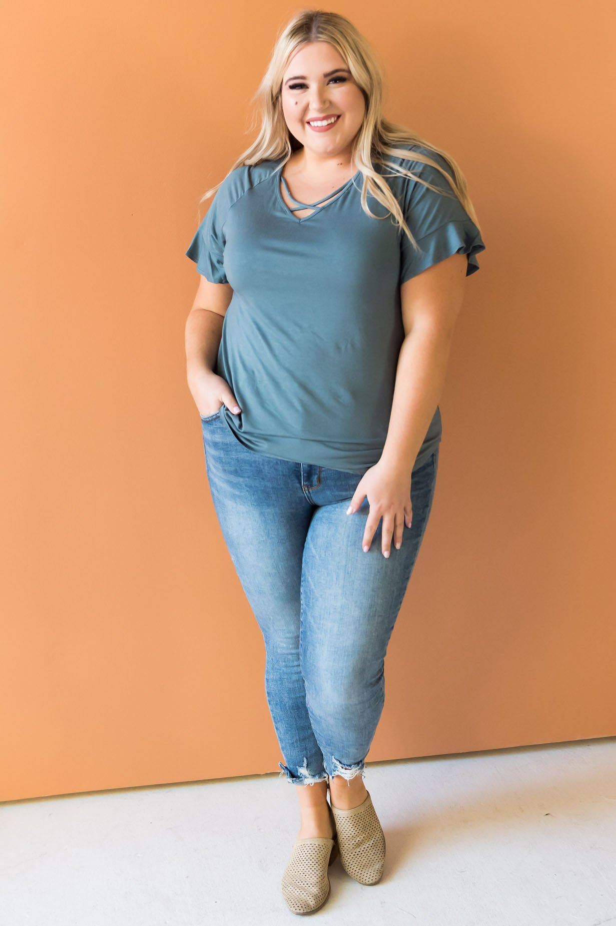 Criss Cross Flutter Sleeve Top Tops vendor-unknown