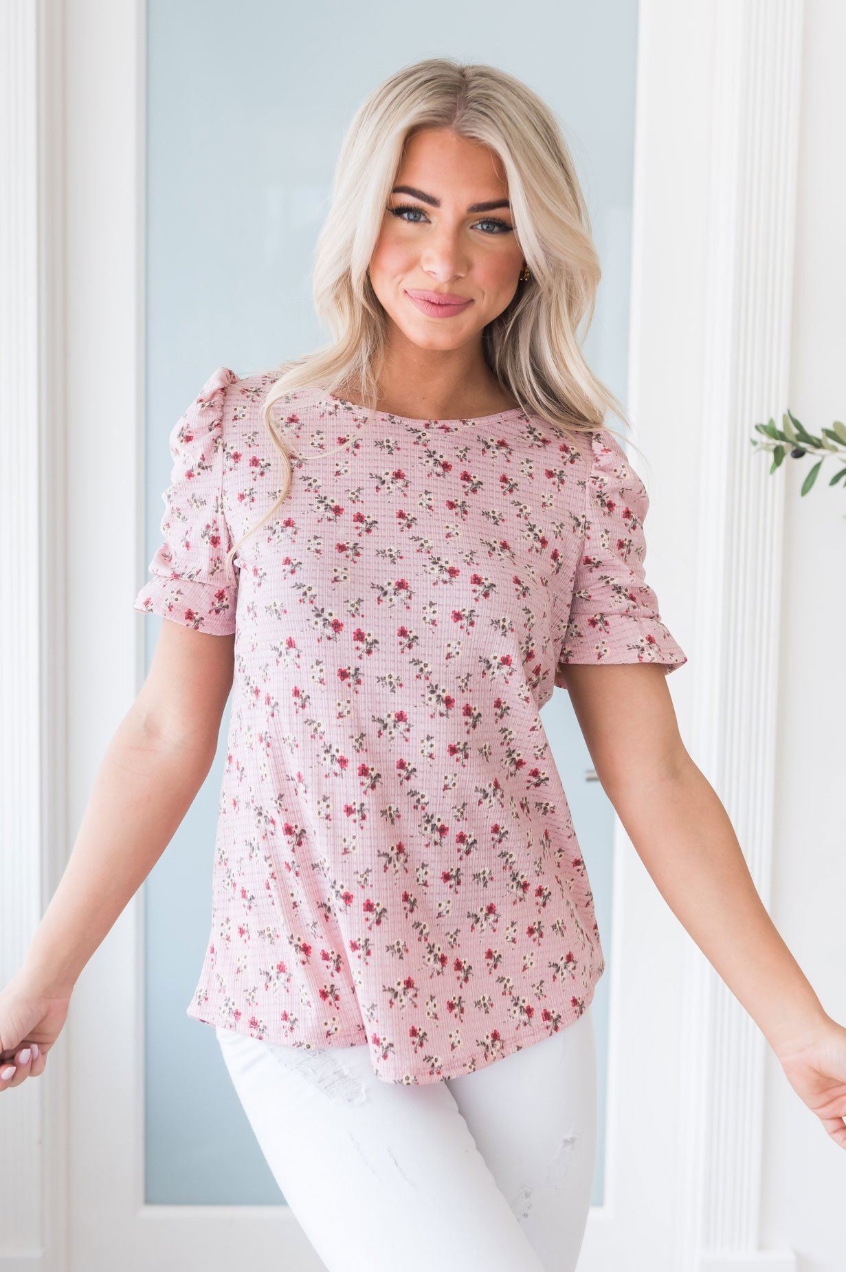 Darling Smile Ruche Sleeve Top Modest Dresses vendor-unknown