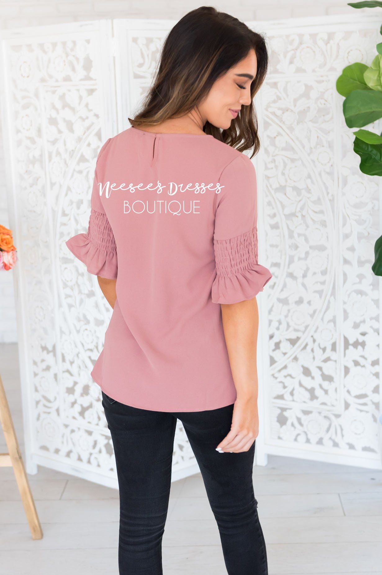 Something New Gathered Sleeve Top Modest Dresses vendor-unknown