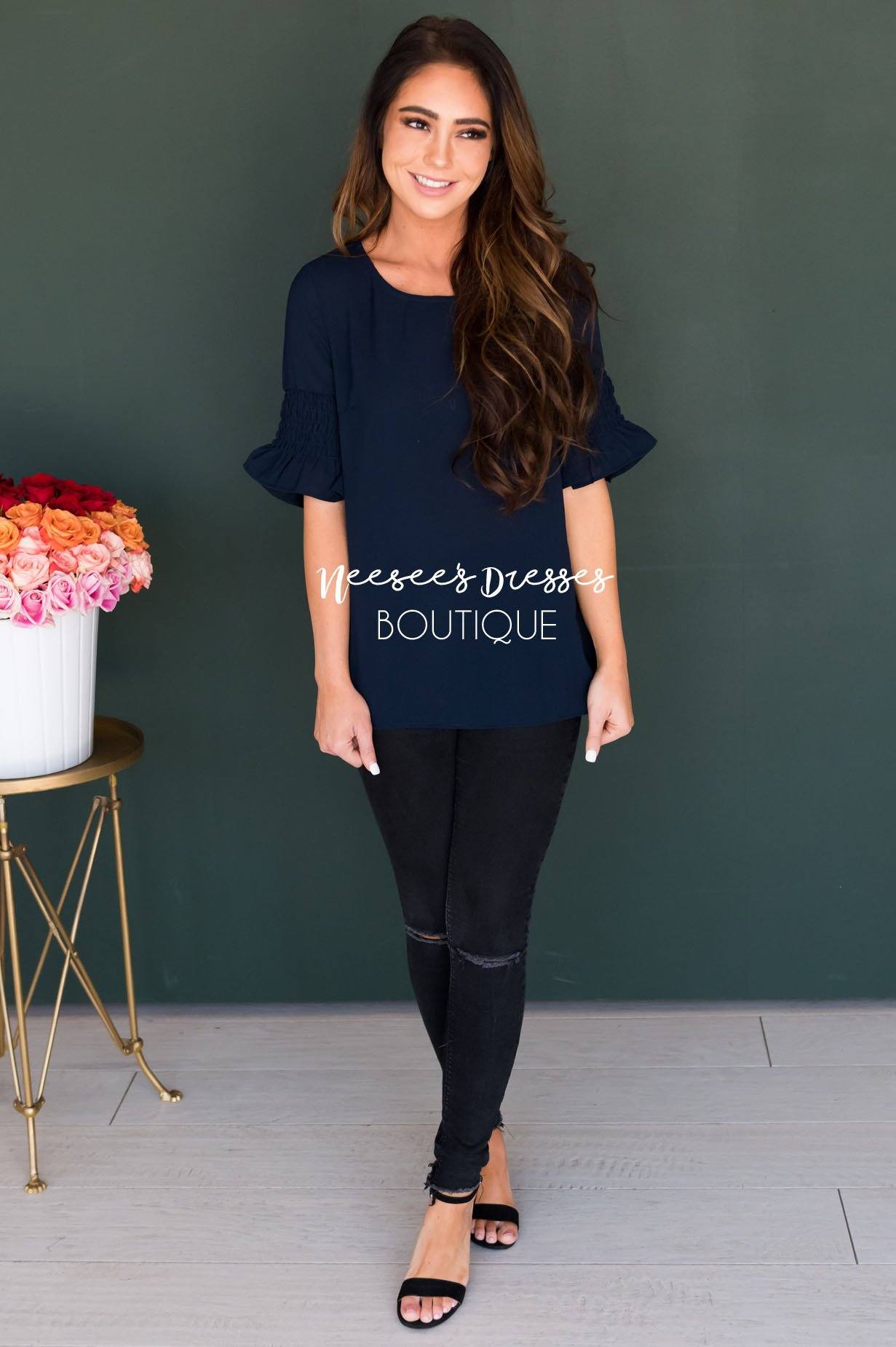 Something New Gathered Sleeve Top Modest Dresses vendor-unknown