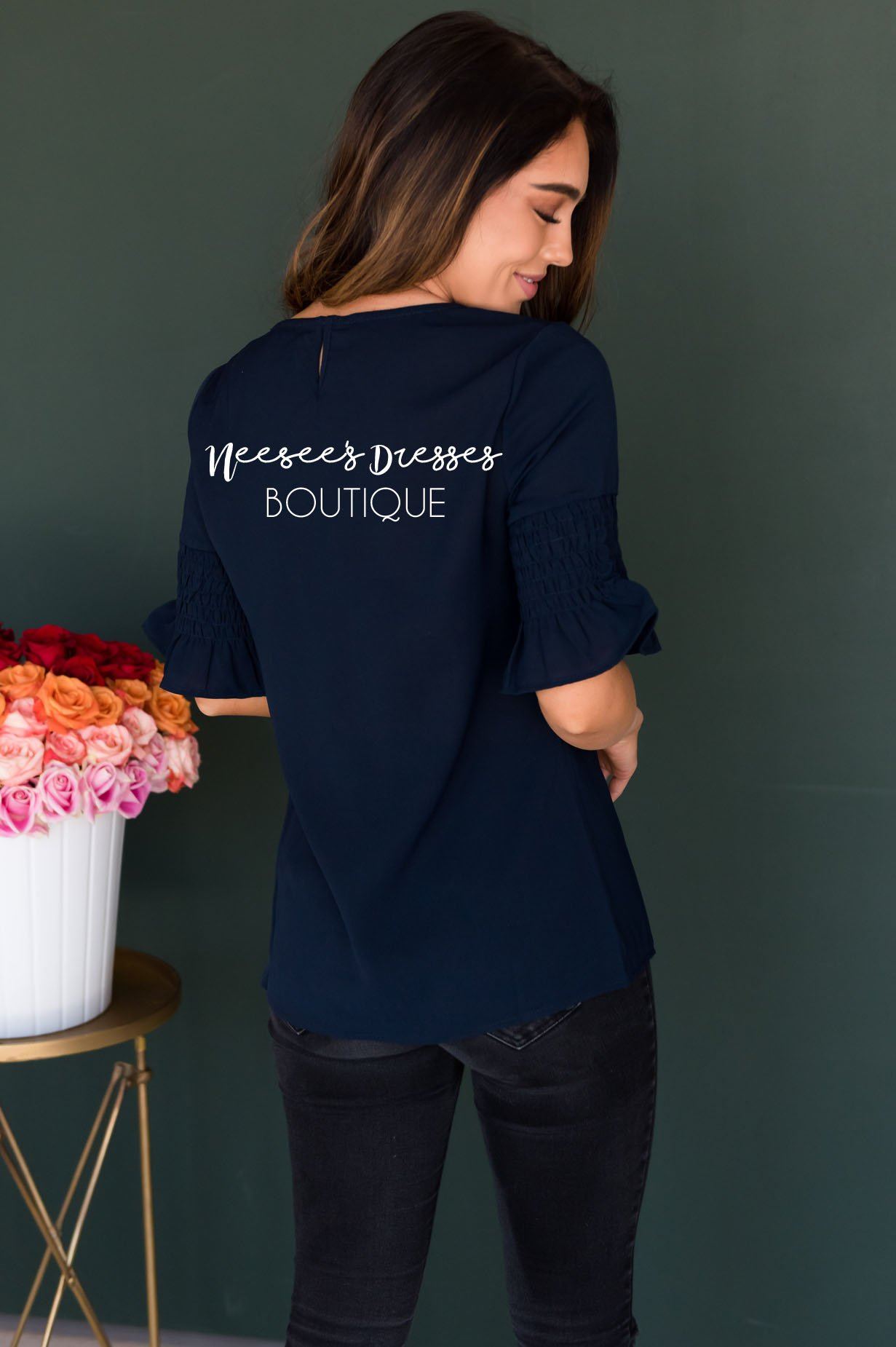 Something New Gathered Sleeve Top Modest Dresses vendor-unknown