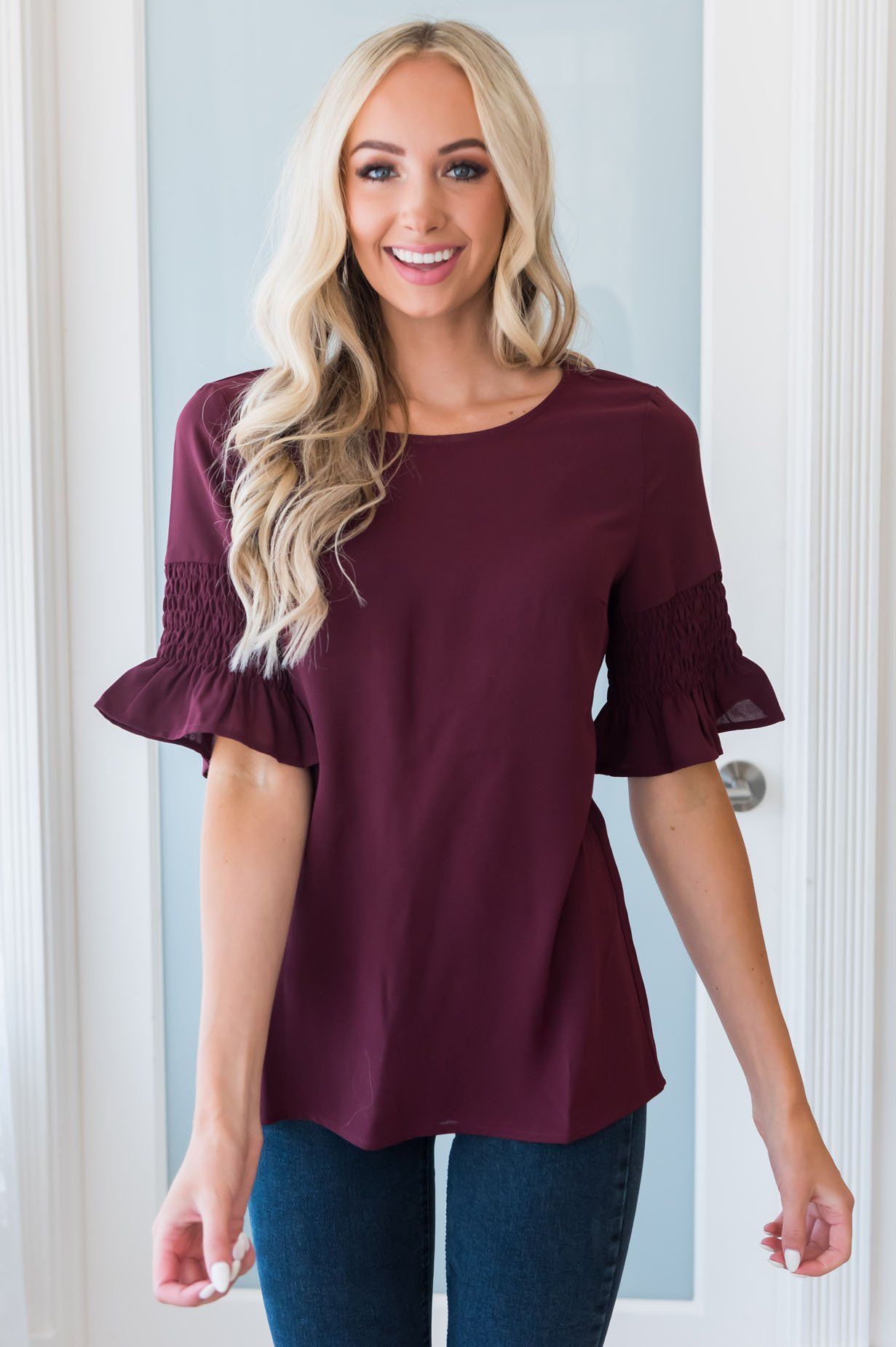 Something New Gathered Sleeve Top Modest Dresses vendor-unknown