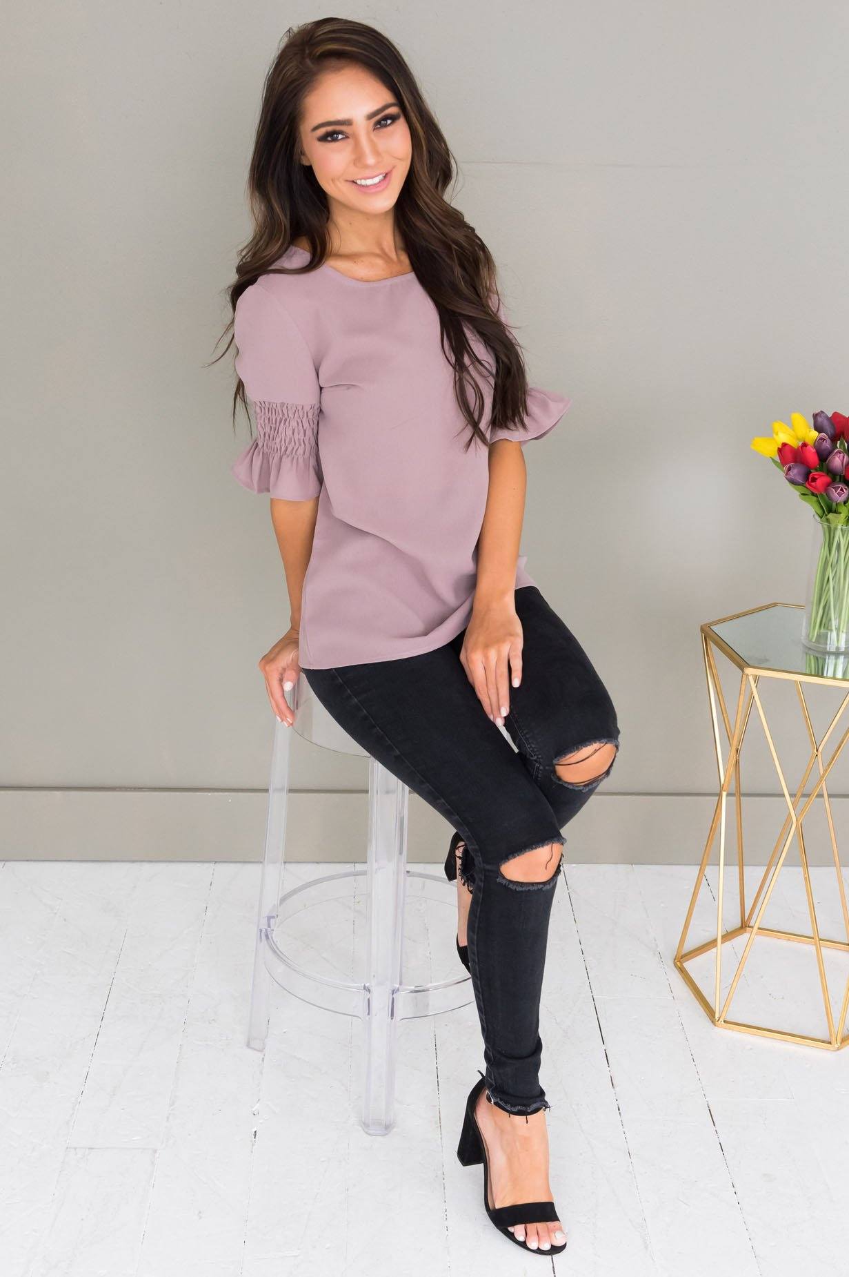 Something New Gathered Sleeve Top Modest Dresses vendor-unknown