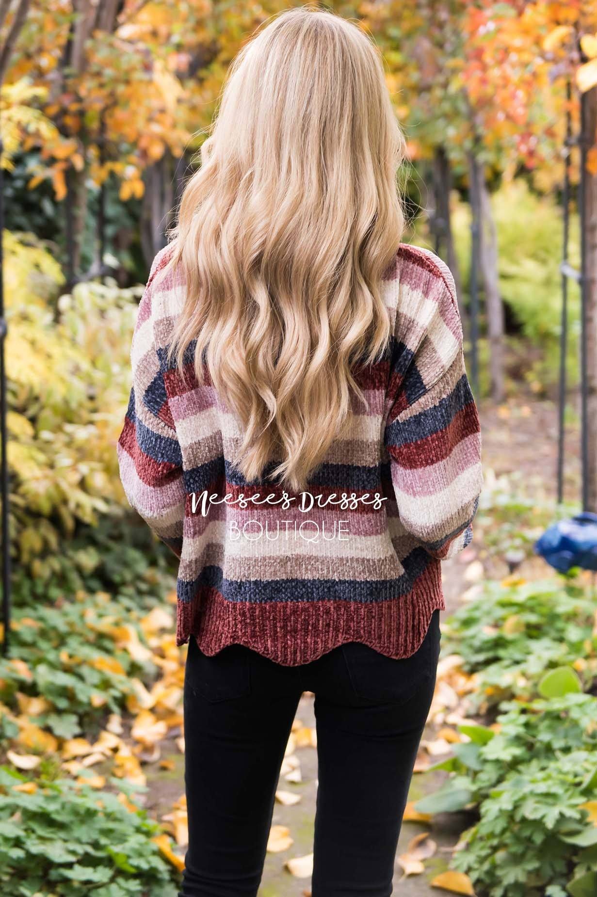 Striped Chenille Knit Scallop Hem Sweater Tops vendor-unknown