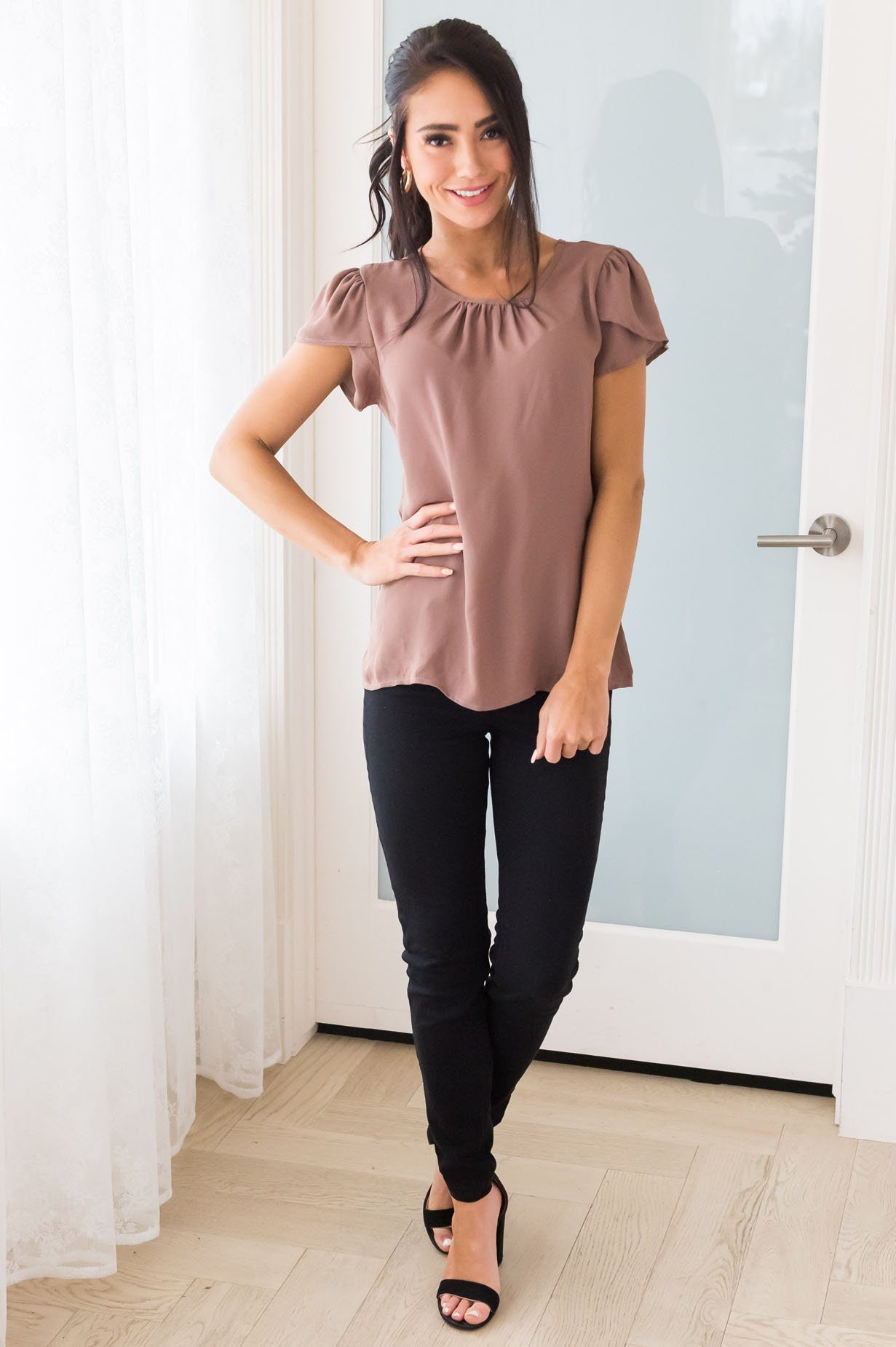 Taupe Chiffon Tulip Sleeve Top Tops vendor-unknown