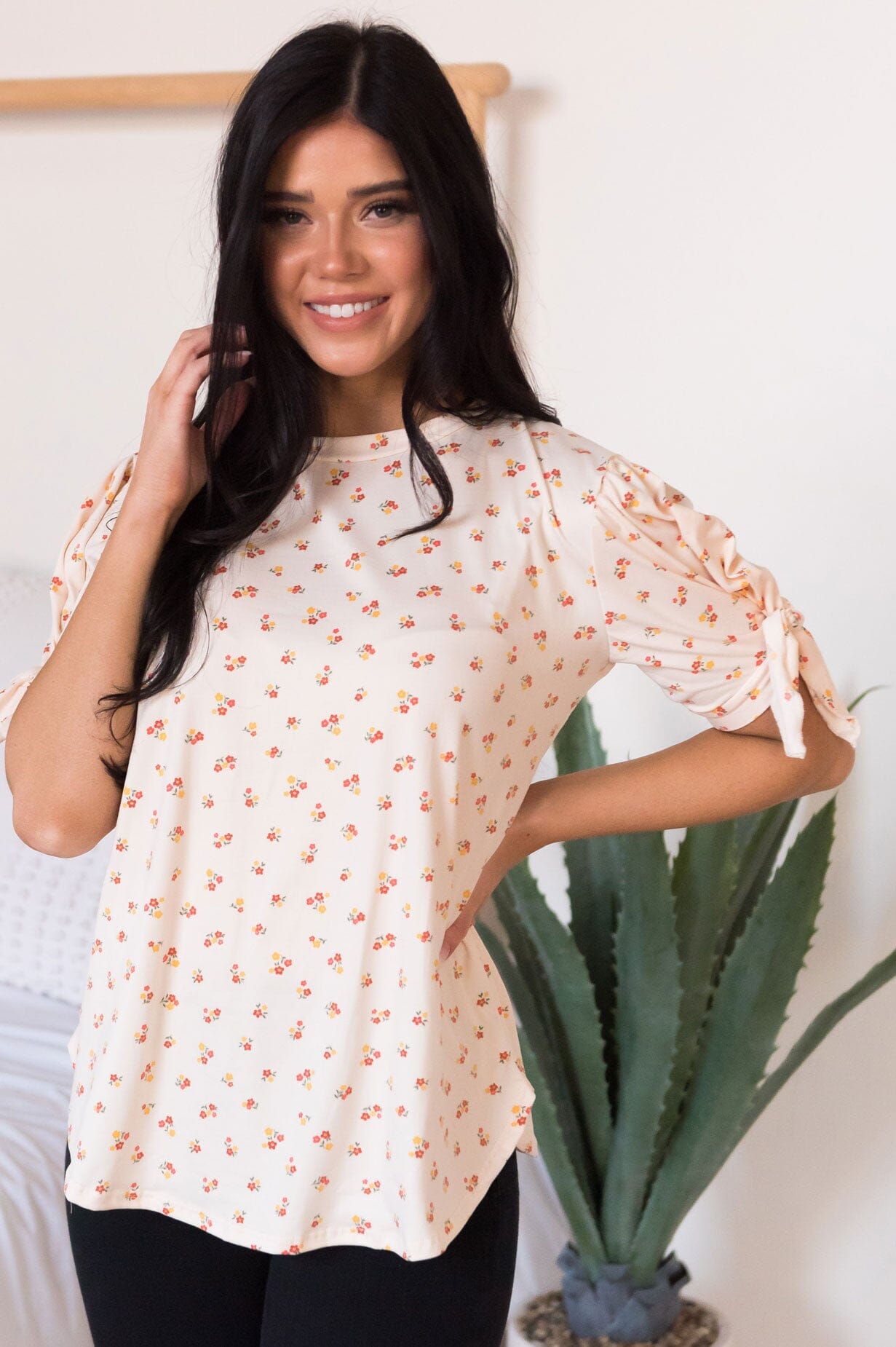 Ditsy Floral Tie Sleeve Modest Top NeeSee's Dresses