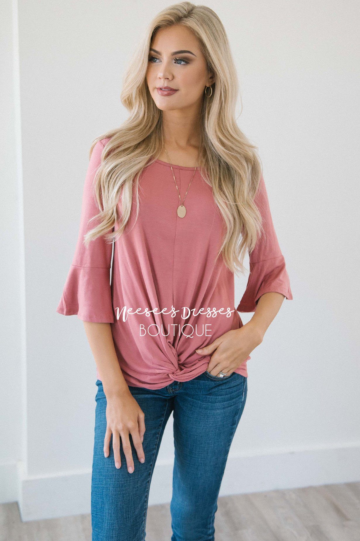 Twist Front Bell Sleeve Top Tops vendor-unknown