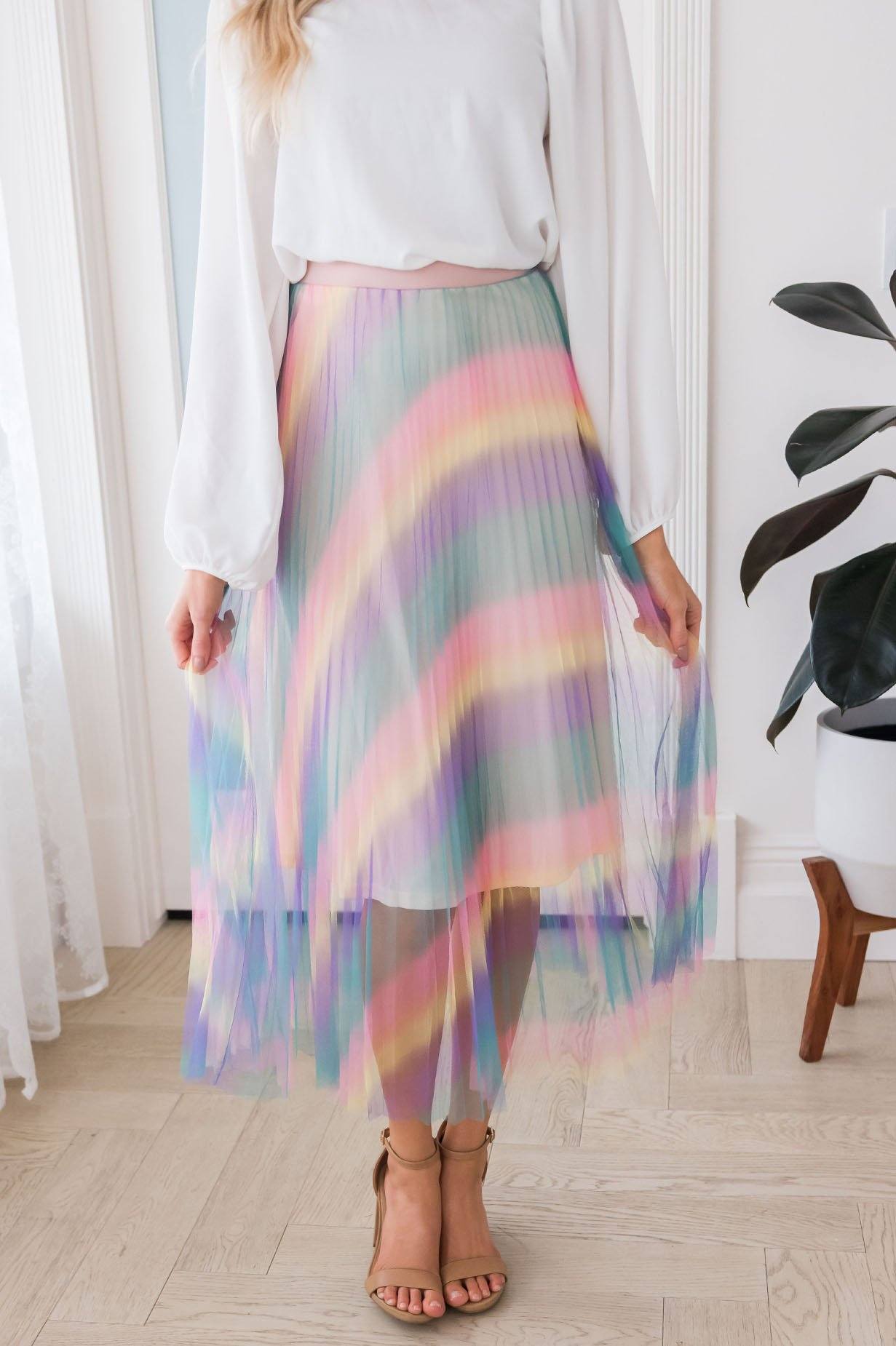 Vibrant Rainbow Modest Tulle Skirt Skirts vendor-unknown