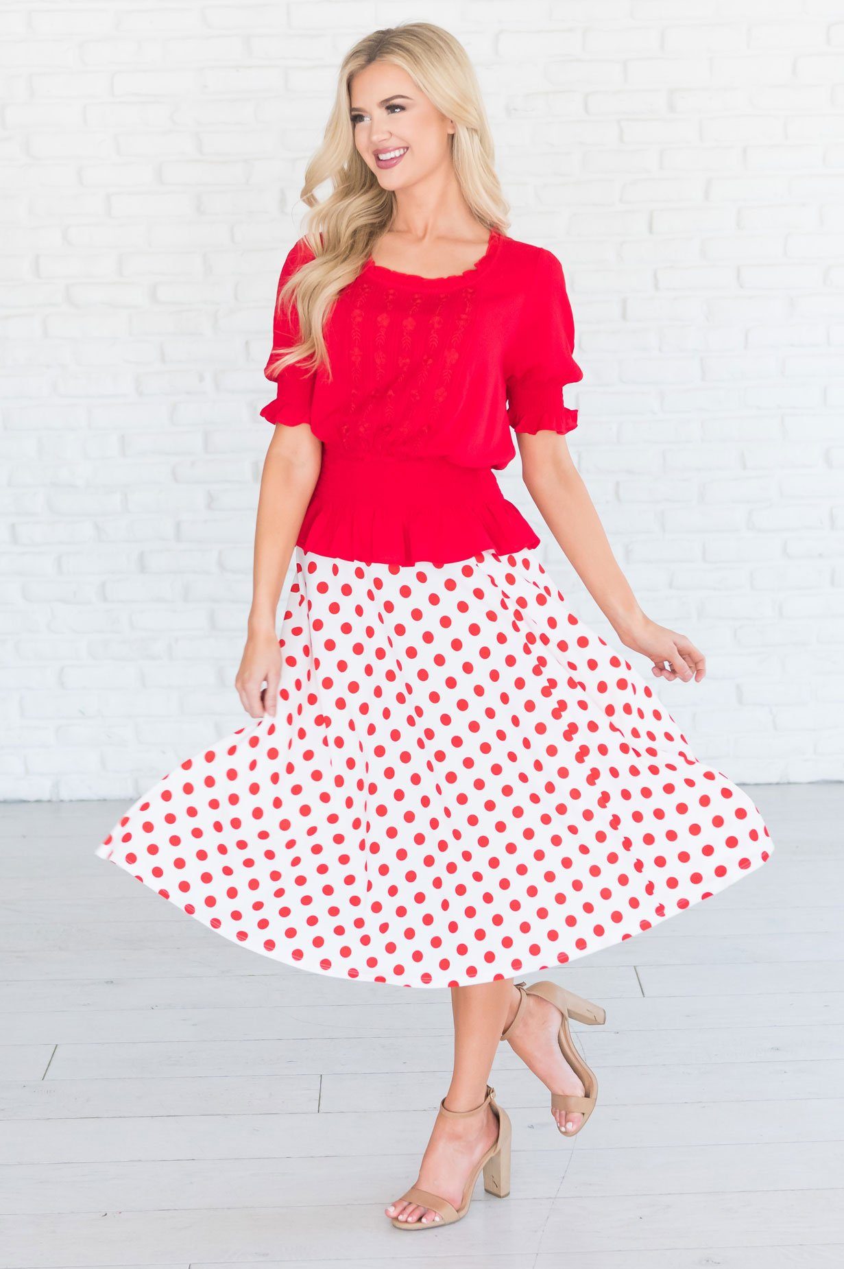 Twirling Dotted Modest Aline Skirt Skirts vendor-unknown