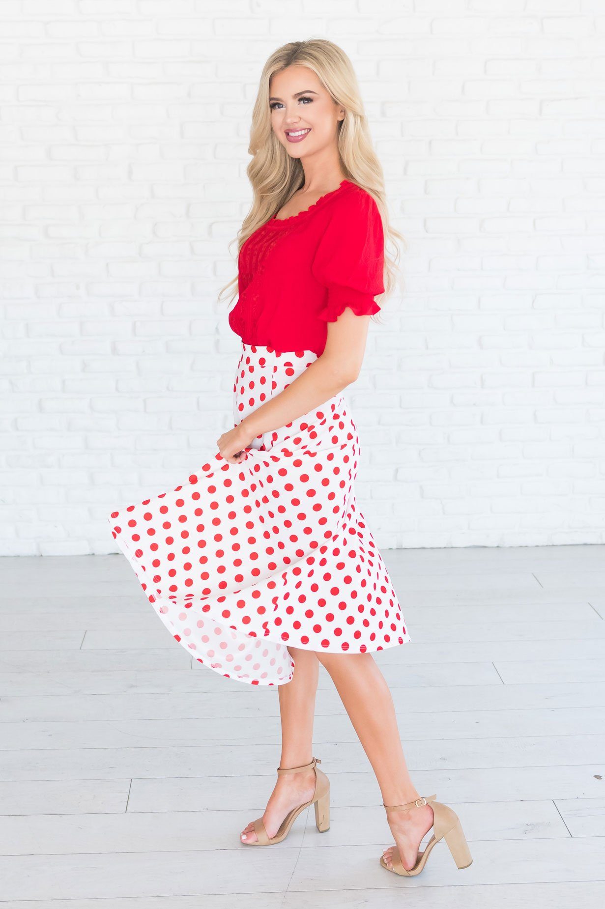 Twirling Dotted Modest Aline Skirt Skirts vendor-unknown