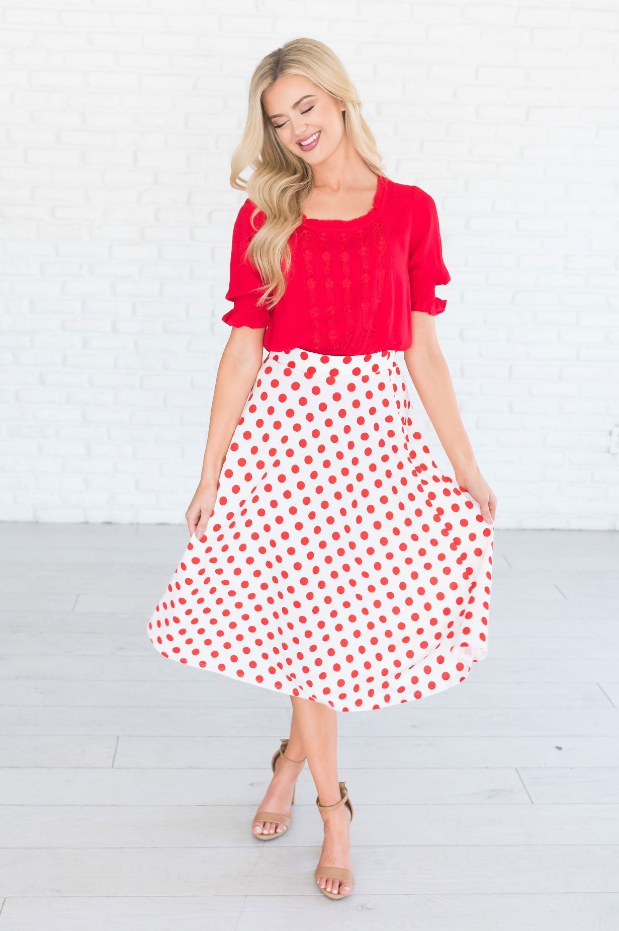 Twirling Dotted Modest Aline Skirt Skirts vendor-unknown