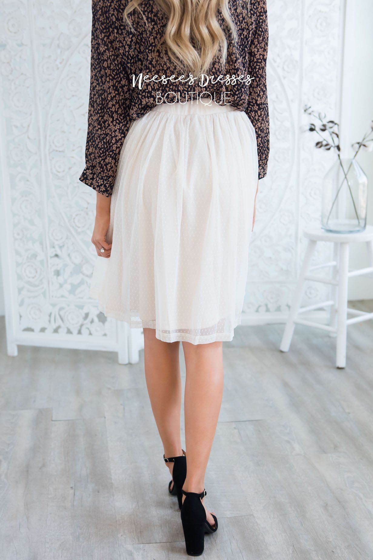 Cream Dotted Tulle Skirt Skirts vendor-unknown