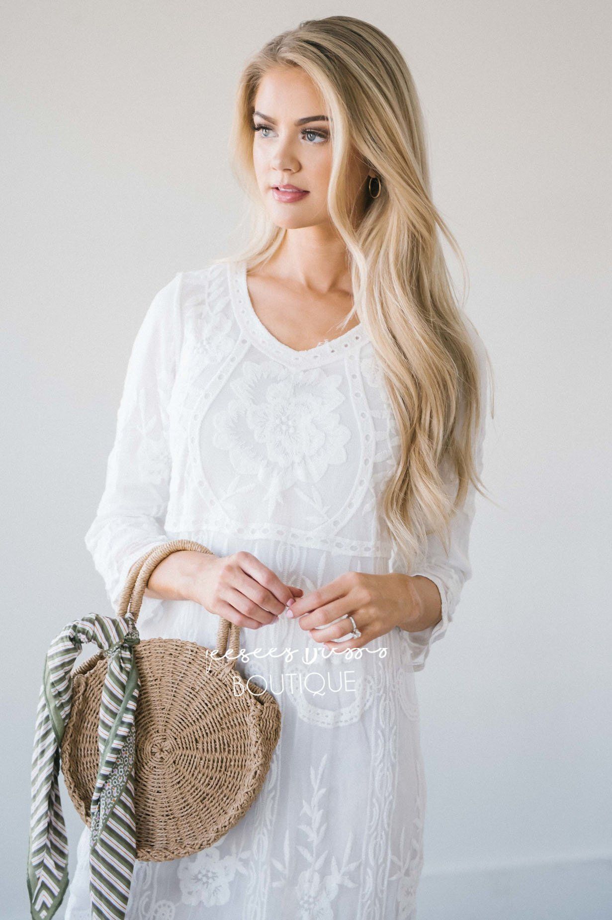 Day Dreamer Lace Dress in White Modest Dresses vendor-unknown