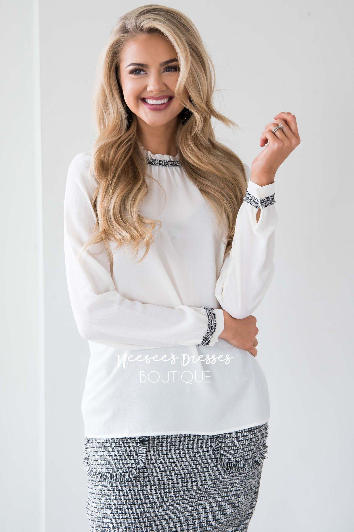 Tweed Trim Victorian Neck Blouse Tops vendor-unknown