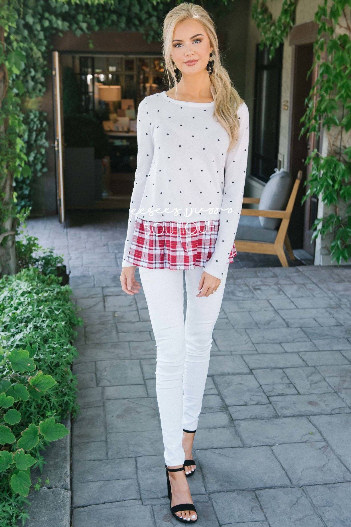 Plaid Ruffle Hem Polka Dot Sweater Tops vendor-unknown
