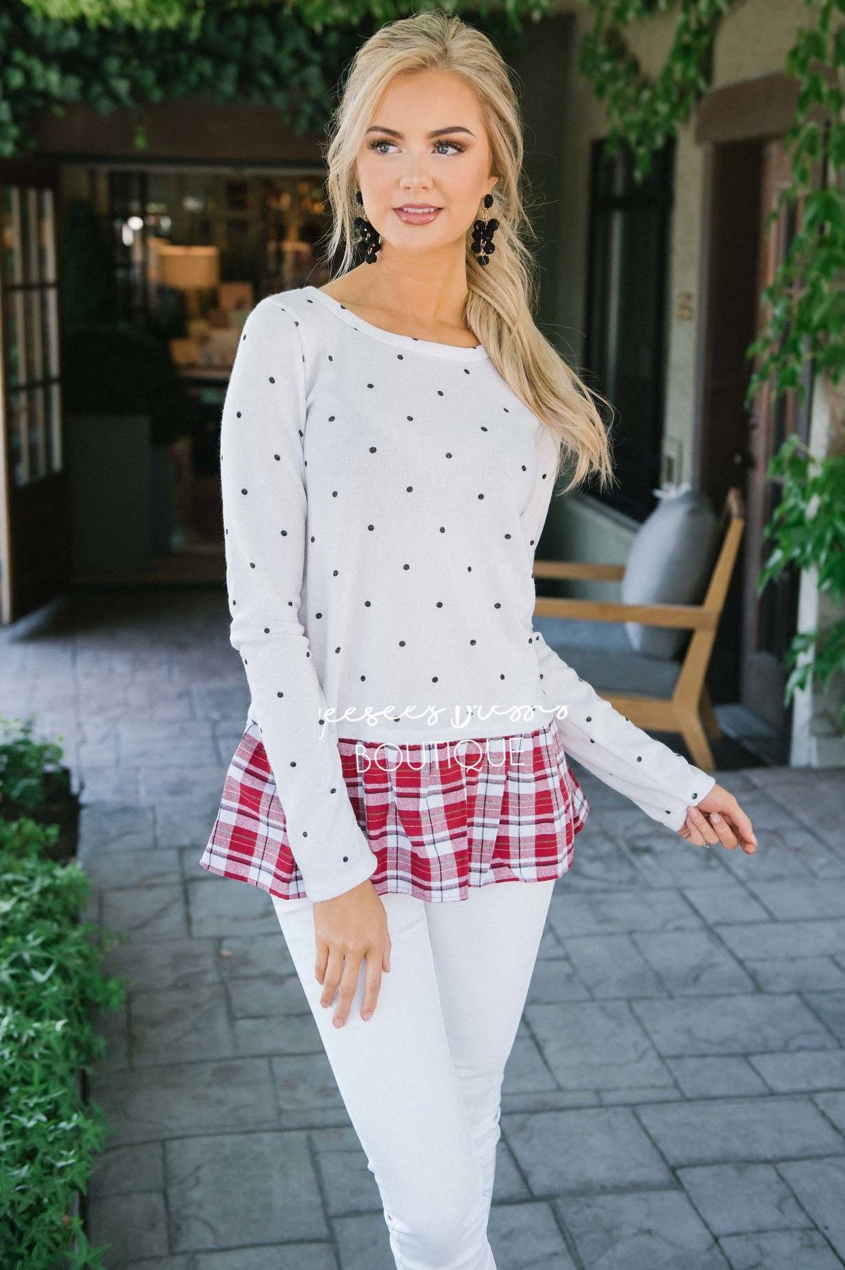 Plaid Ruffle Hem Polka Dot Sweater Tops vendor-unknown