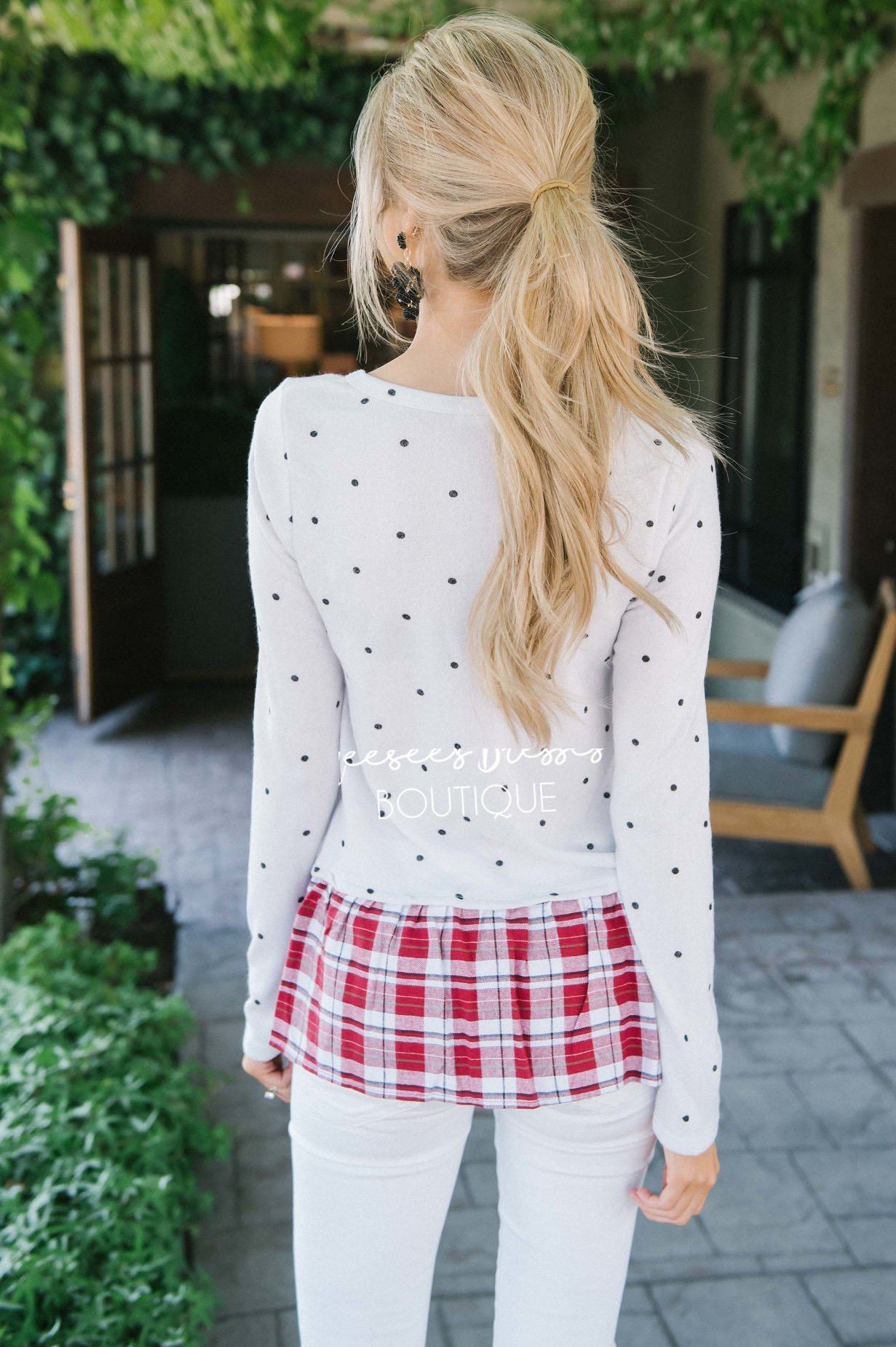 Plaid Ruffle Hem Polka Dot Sweater Tops vendor-unknown