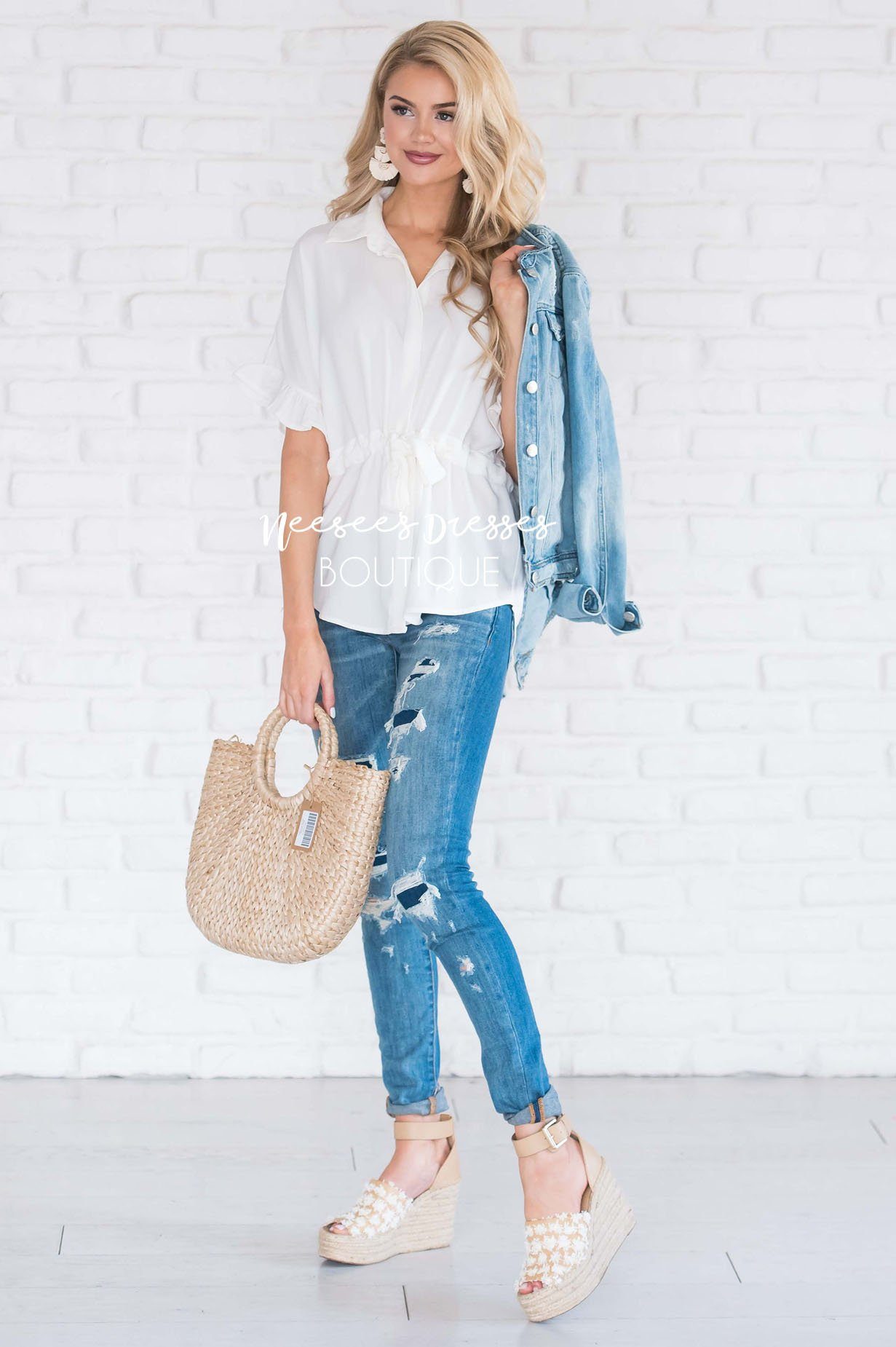 Button Up Cinched Waist Blouse Tops vendor-unknown