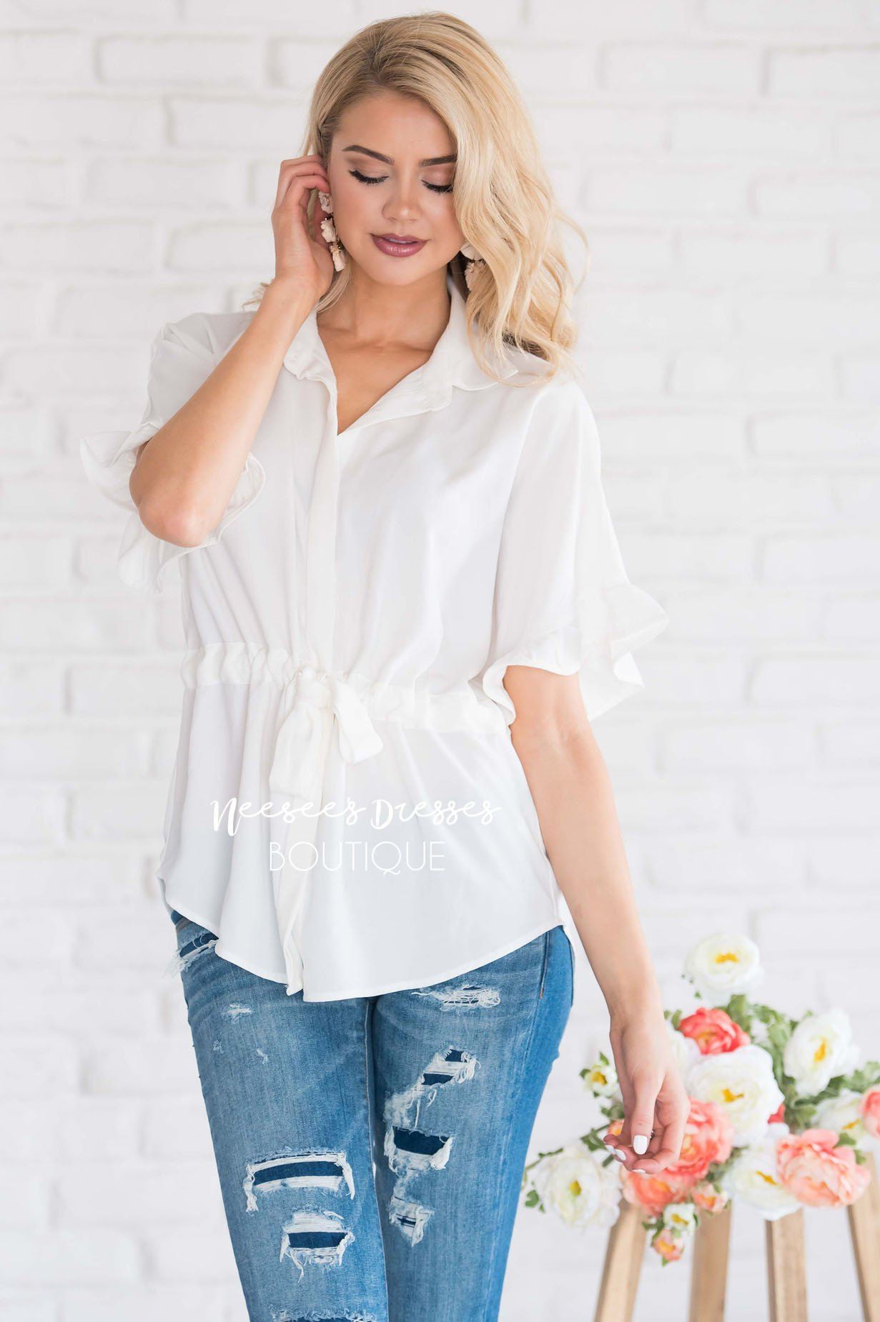 Button Up Cinched Waist Blouse Tops vendor-unknown