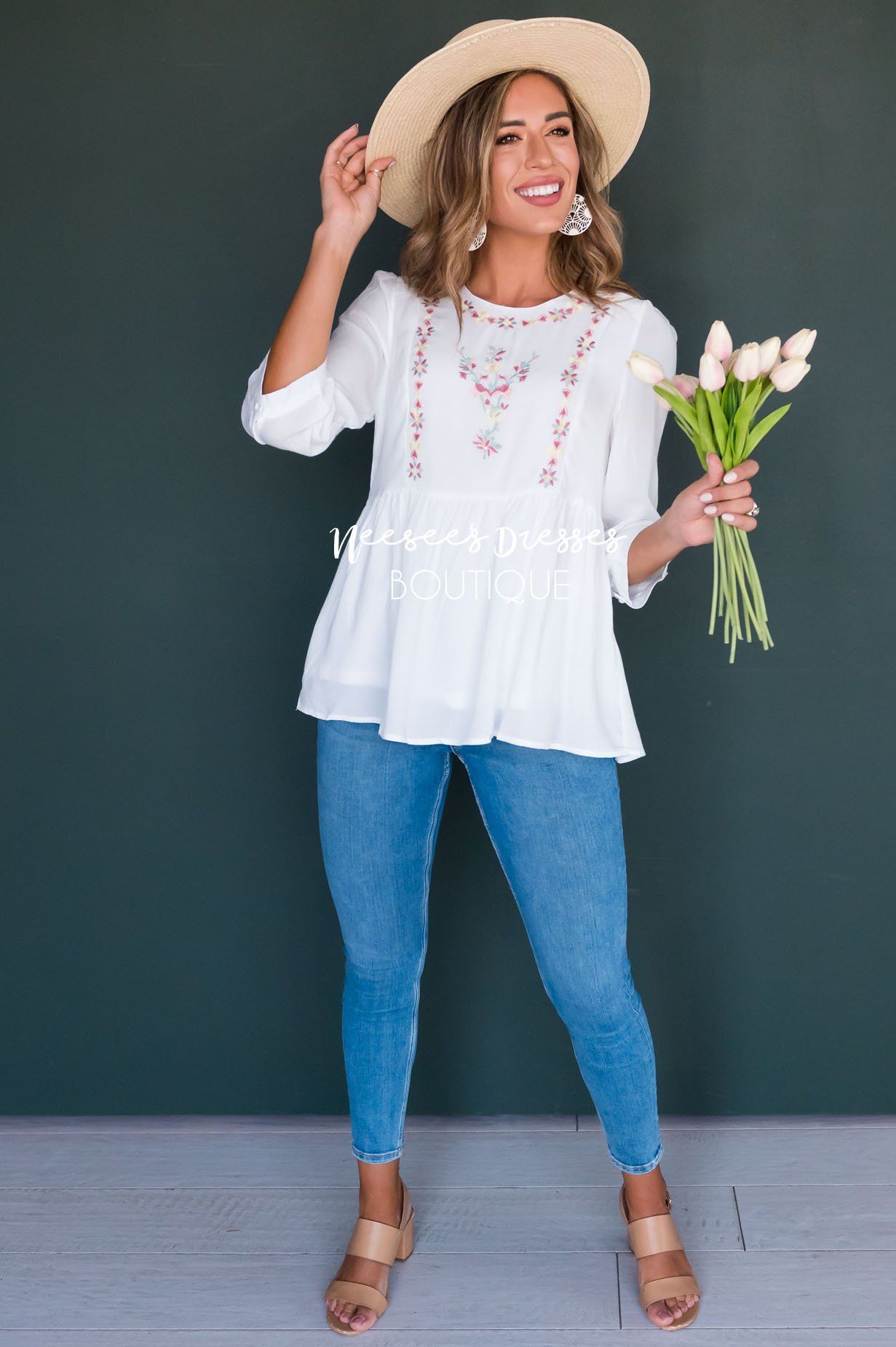 Spring Is In The Air Embroidered Blouse Modest Dresses vendor-unknown