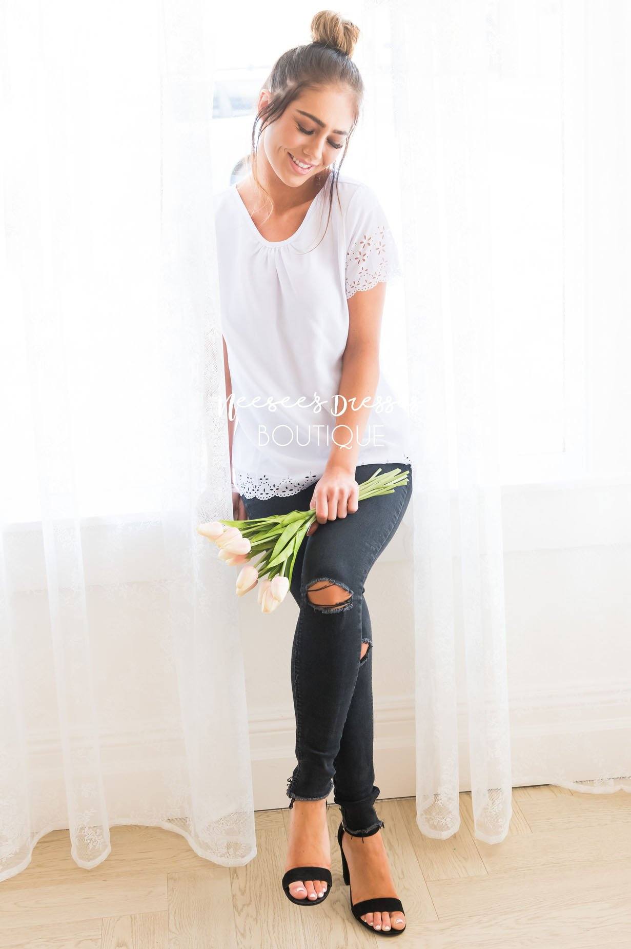 Living In The Moment Modest Eyelet Blouse Modest Dresses vendor-unknown