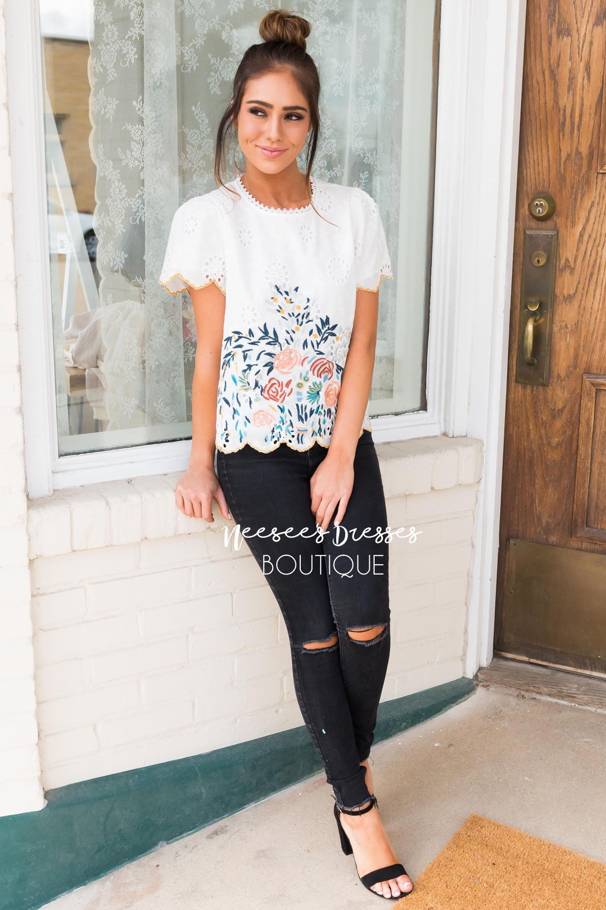 Completely Charmed Modest Eyelet Blouse Tops vendor-unknown