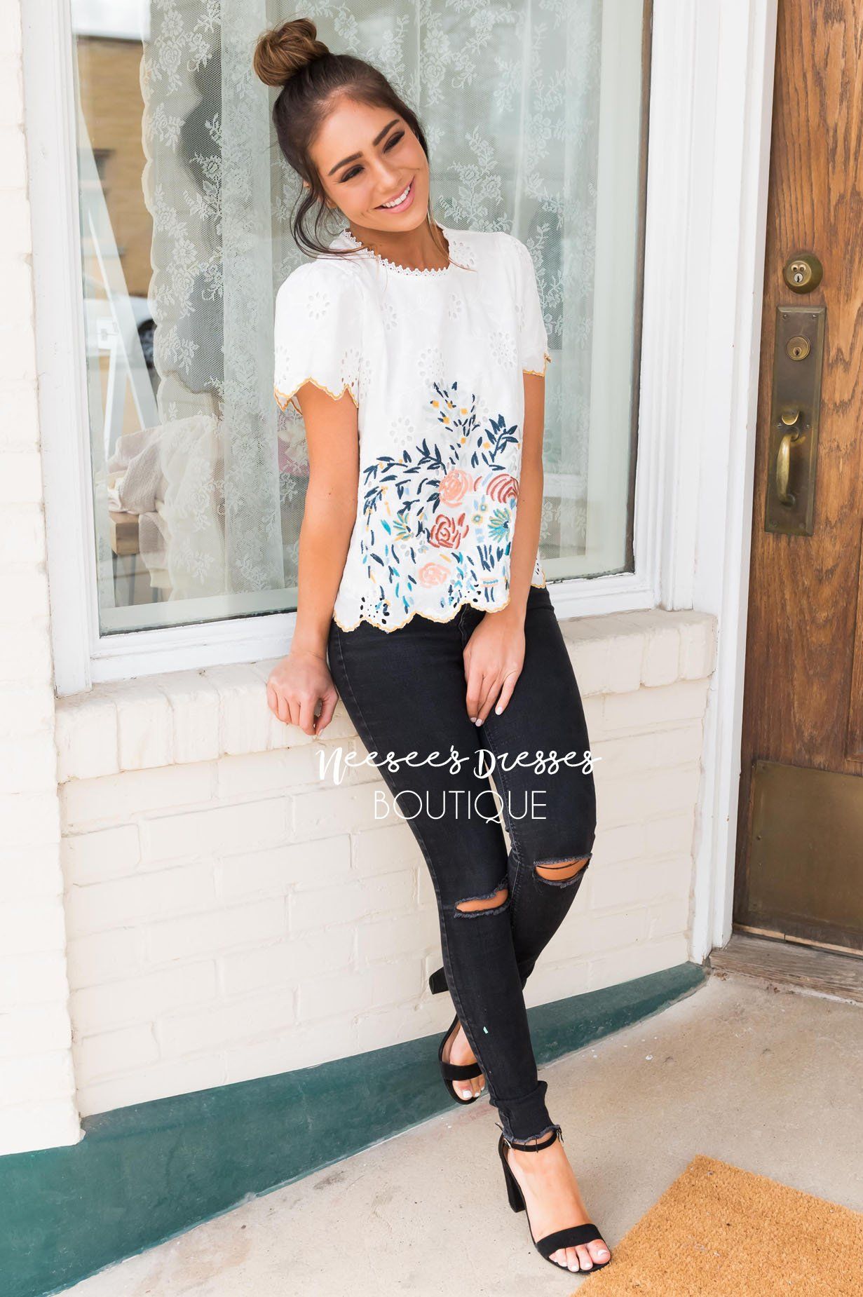 Completely Charmed Modest Eyelet Blouse Tops vendor-unknown