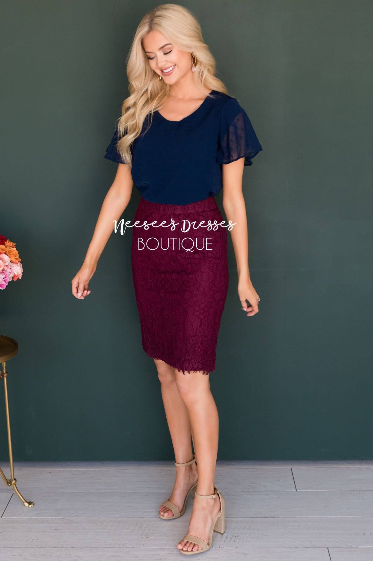 Lovely Wine Lace Pencil Skirt Skirts vendor-unknown