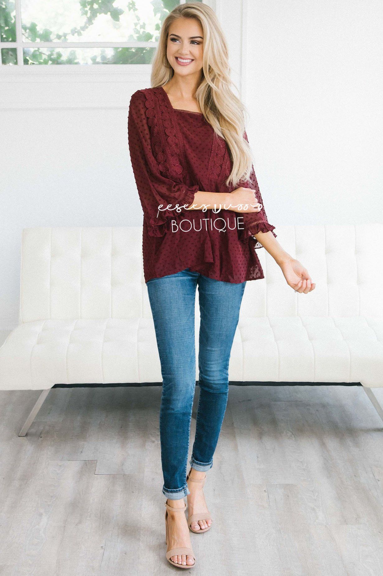 Dotted Crochet Trim Gathered Waist Blouse Tops vendor-unknown