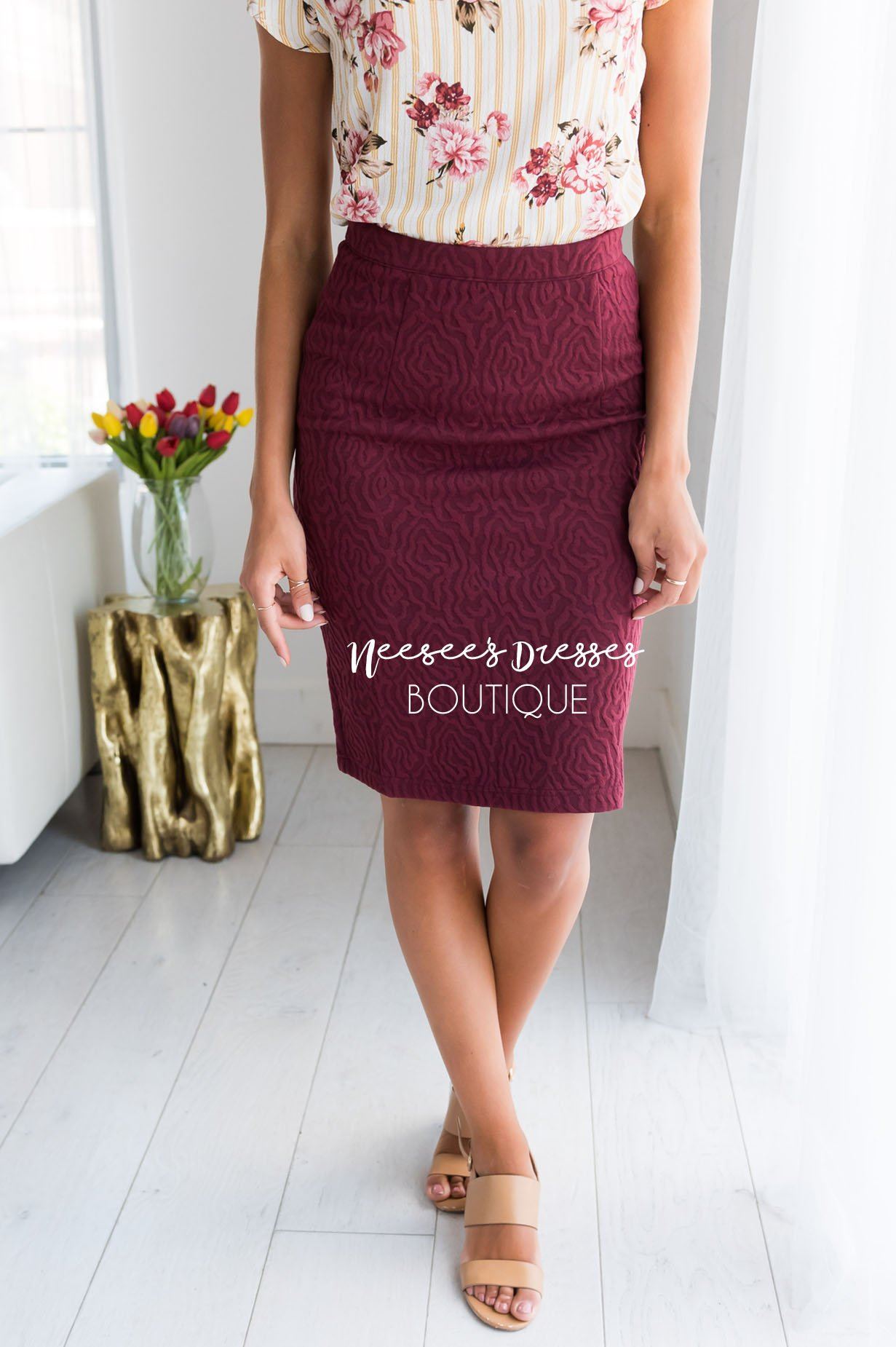 Burgundy Floral Textured Pencil Skirt Skirts vendor-unknown