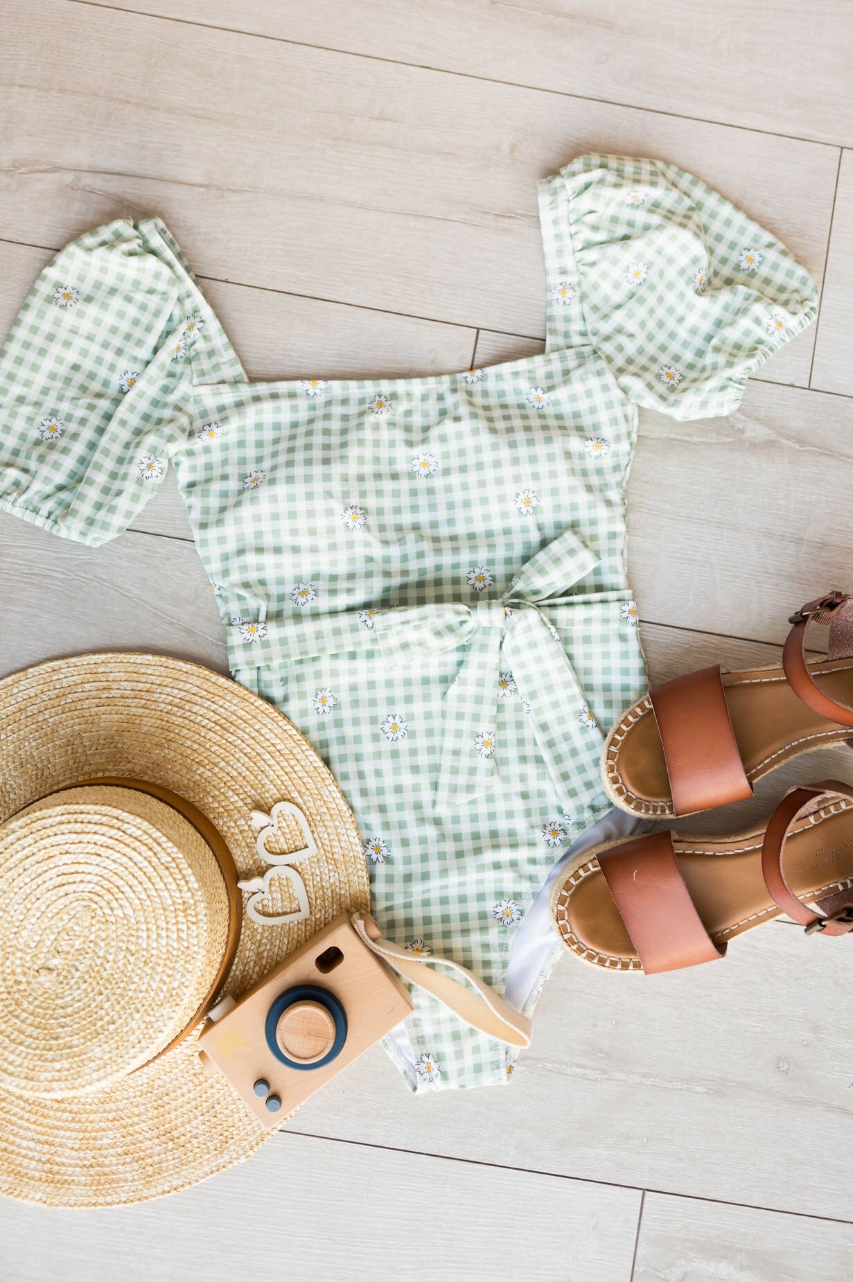 Lime Gingham Daisy One Piece Modest Dresses vendor-unknown 