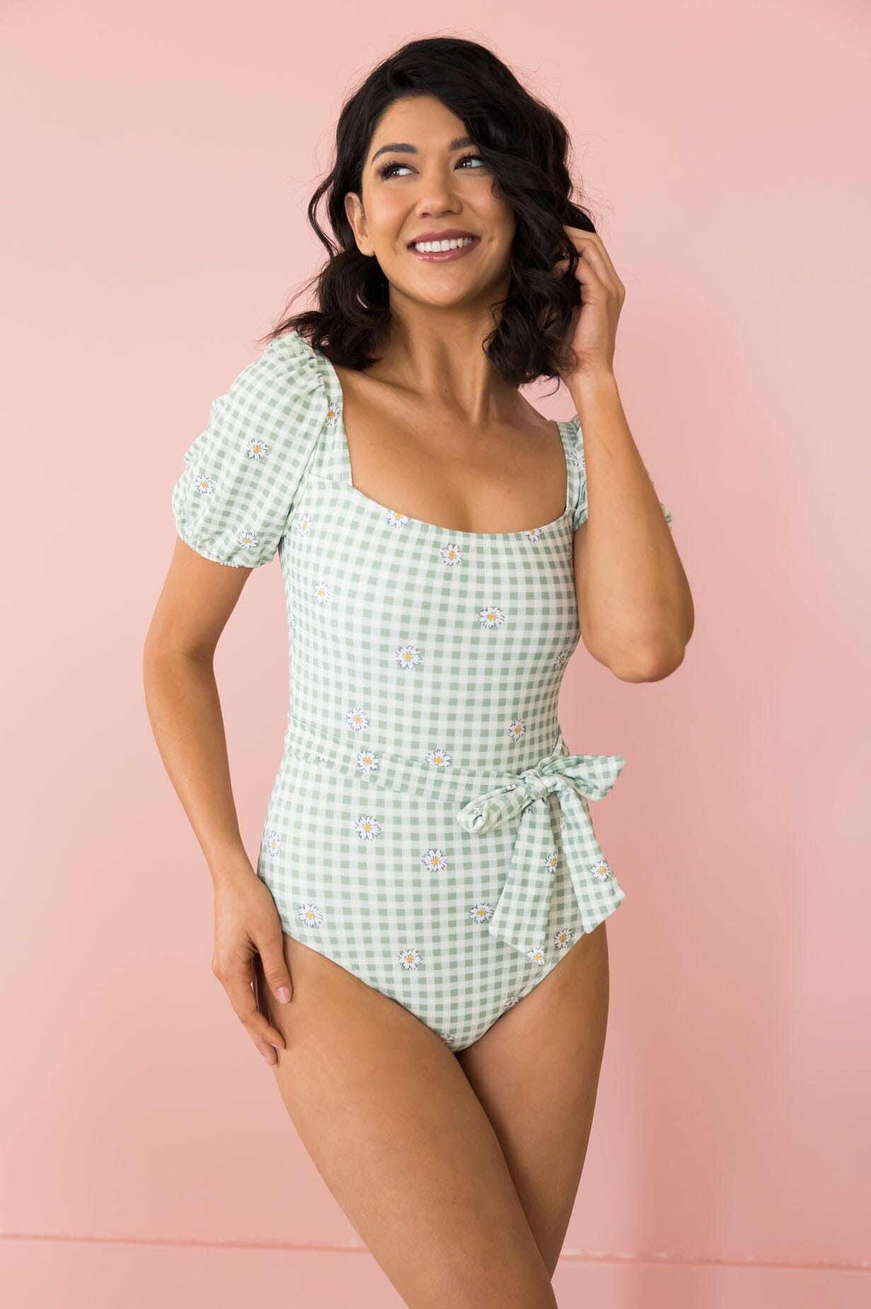Lime Gingham Daisy One Piece Modest Dresses vendor-unknown 