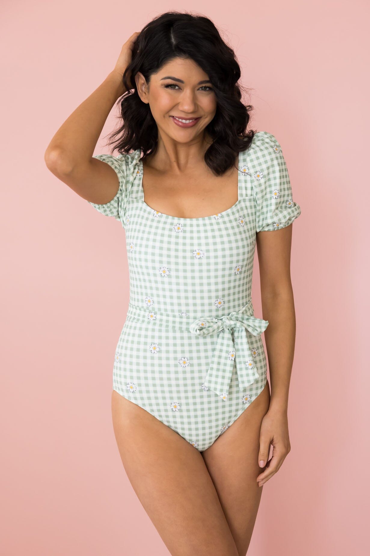 Lime Gingham Daisy One Piece Modest Dresses vendor-unknown 