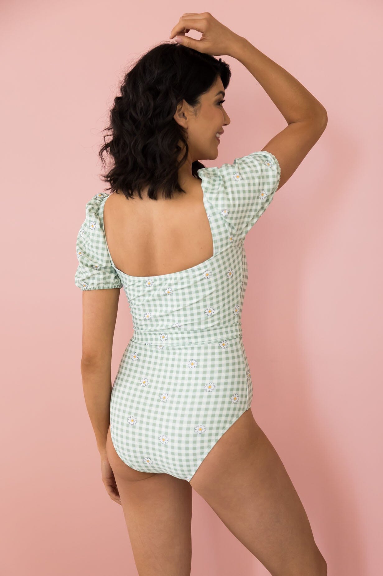 Lime Gingham Daisy One Piece Modest Dresses vendor-unknown 