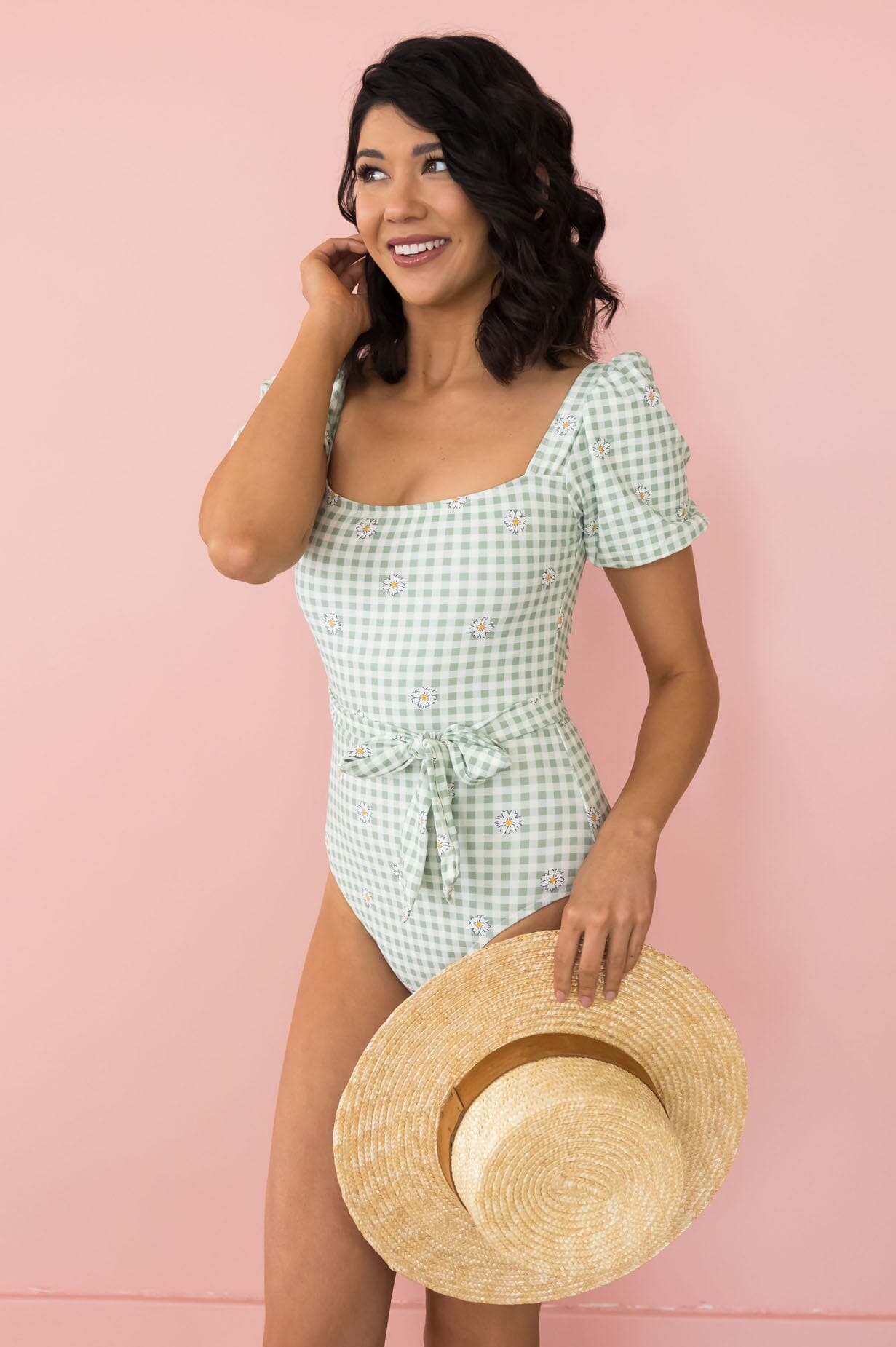 Lime Gingham Daisy One Piece Modest Dresses vendor-unknown 
