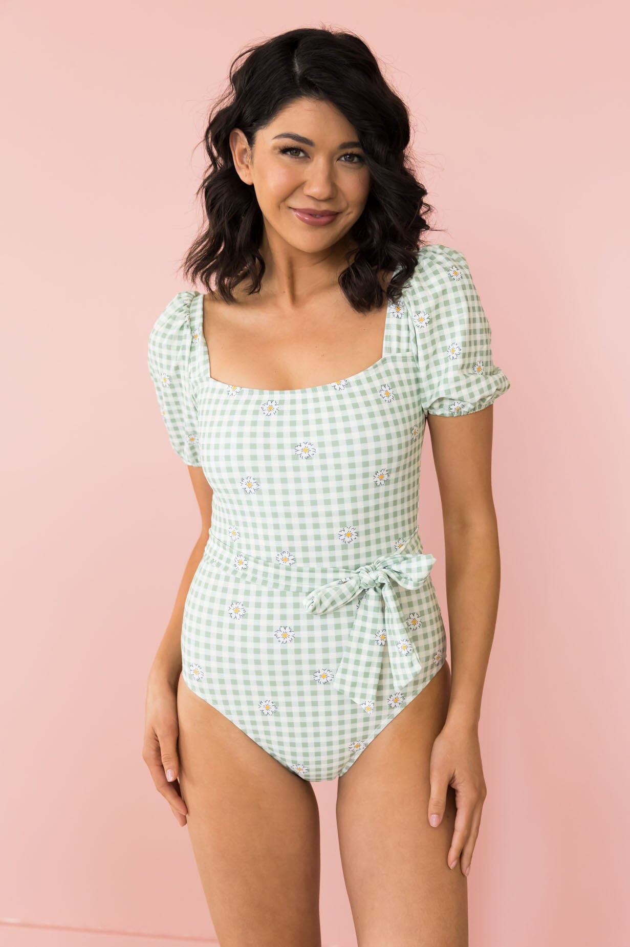 Lime Gingham Daisy One Piece Modest Dresses vendor-unknown 