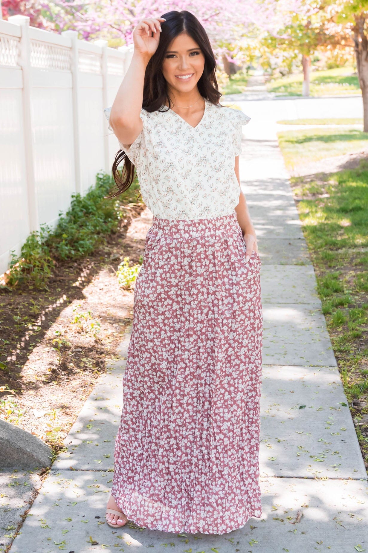 Ditzy Floral Textured Maxi Skirt Modest Dresses vendor-unknown 