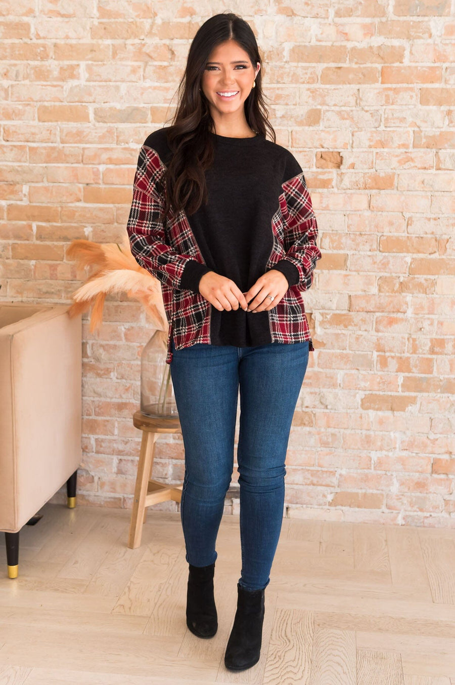 Plaid Makes It Complete Modest Sweater Tops vendor-unknown 