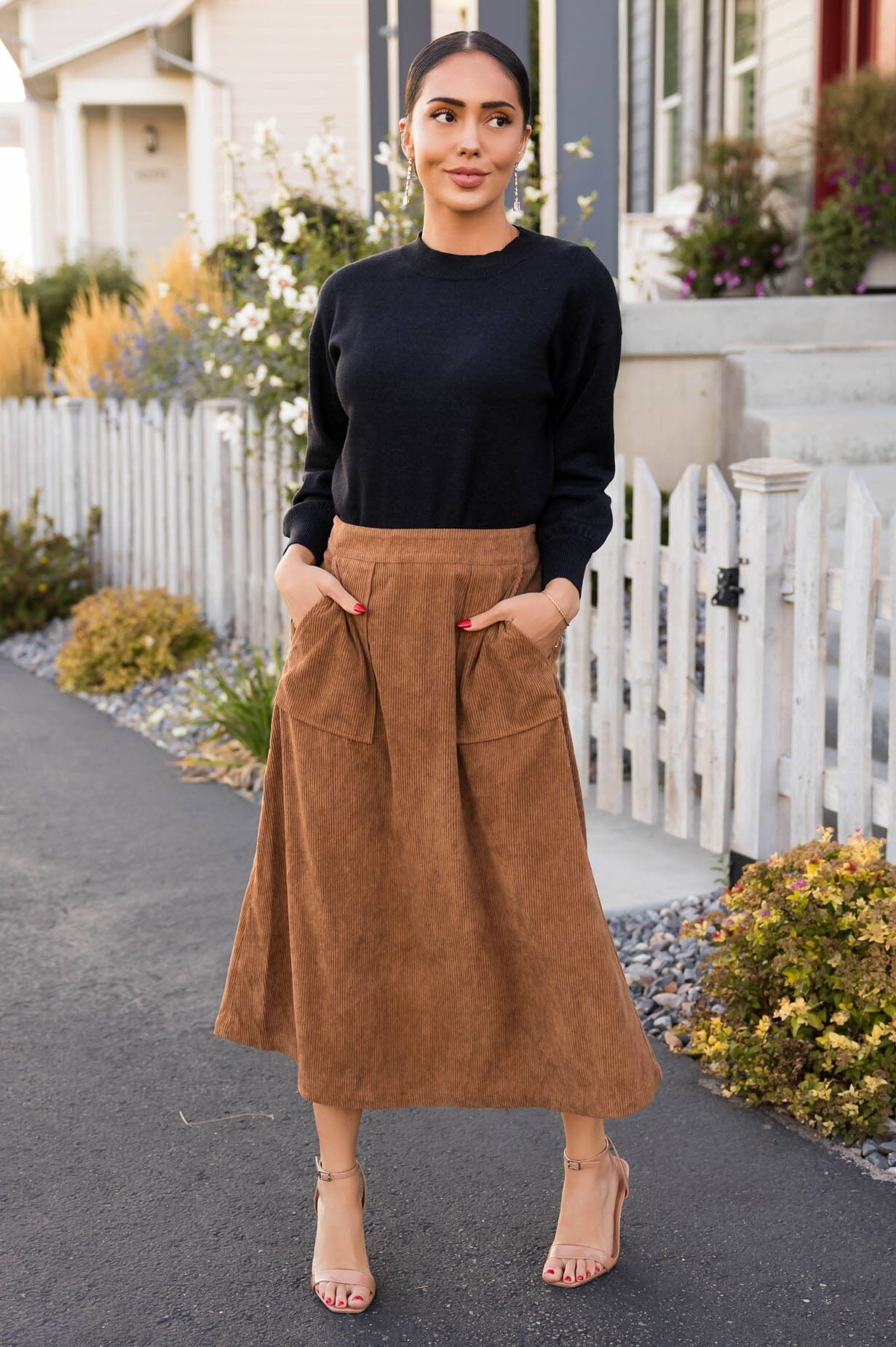 Long Brown Corduroy Skirt Rich In Love Corduroy Skirt