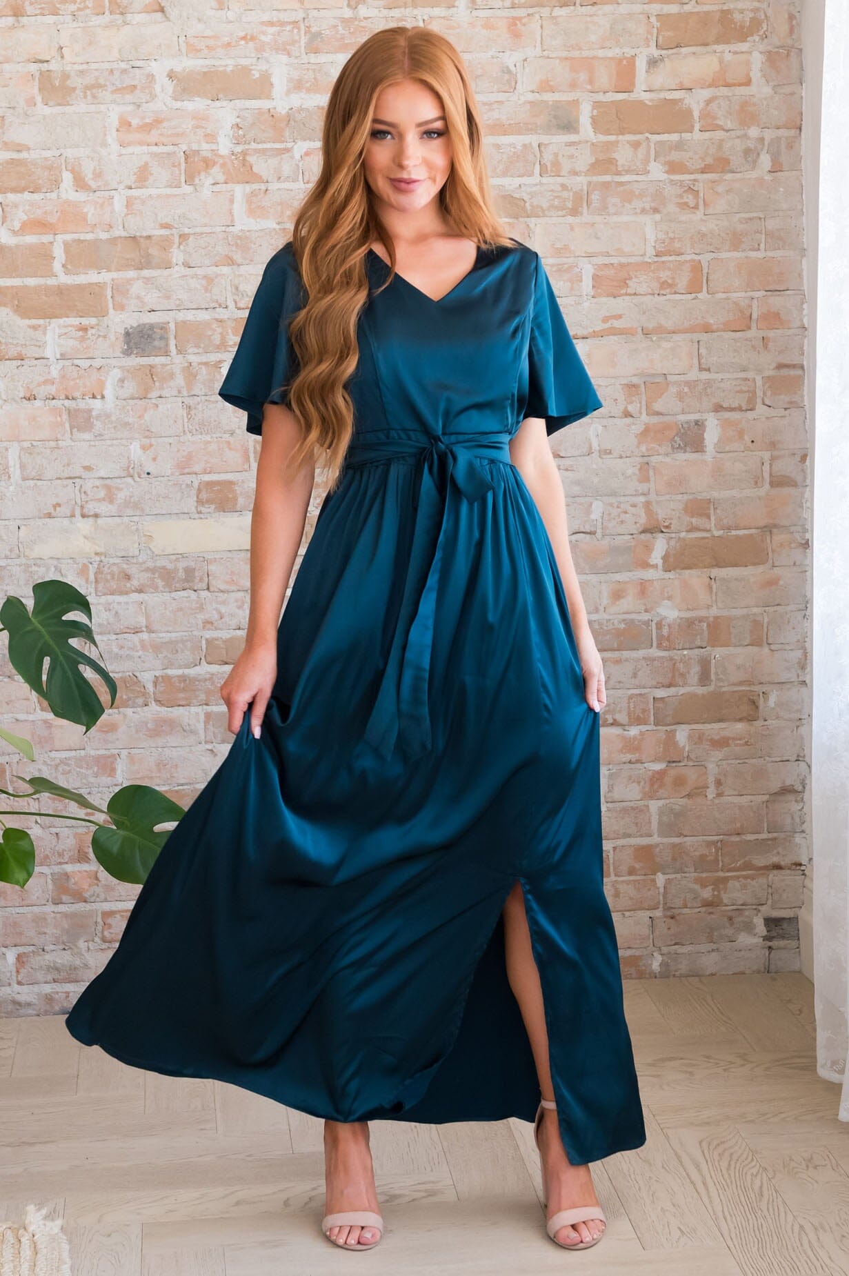 modest satin dress Light Blue Modest Bella a simple belt Light Blue Satin Long Sleeve
