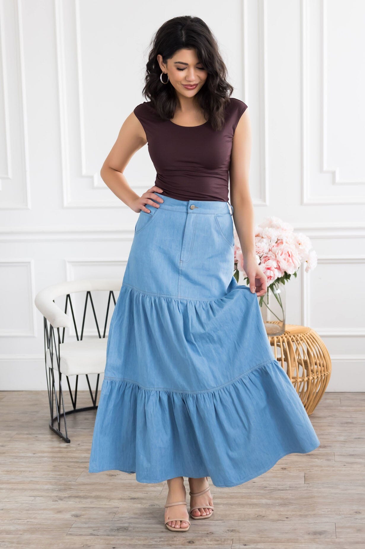The Fiesta Denim Tiered Skirt Modest Dresses vendor-unknown 