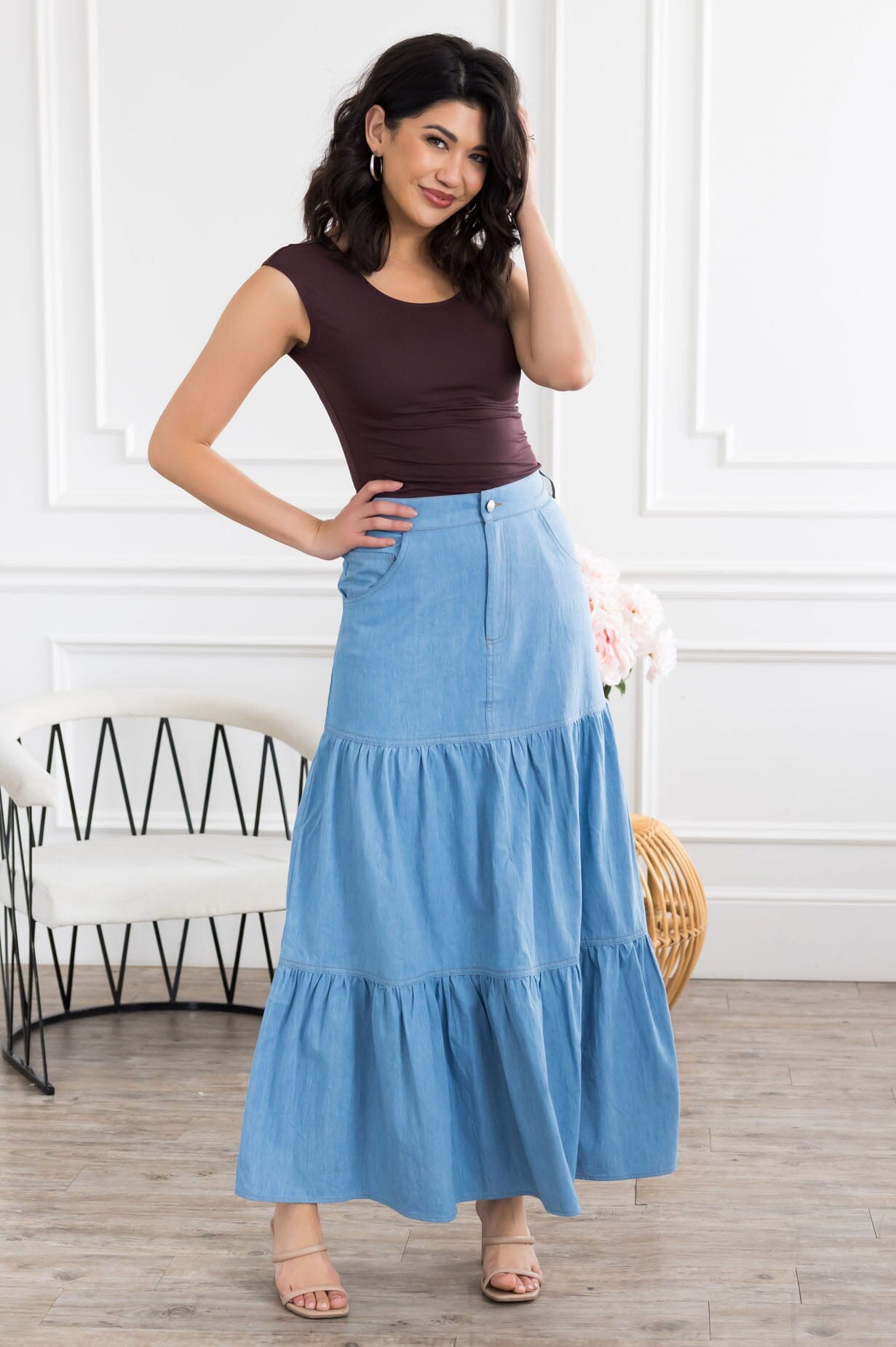 The Fiesta Denim Tiered Skirt Modest Dresses vendor-unknown 